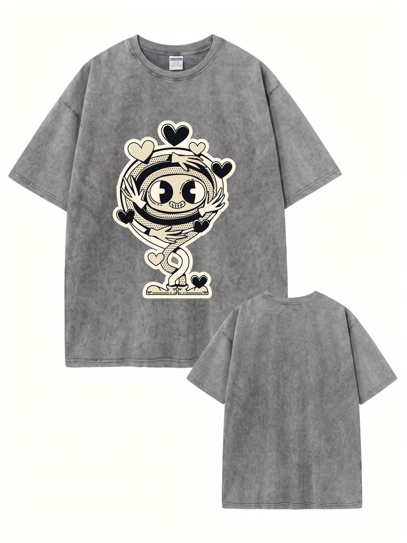 Vintage Washed Graphic T-Shirt - Cartoon Hugging Heart Print Oversized Tee