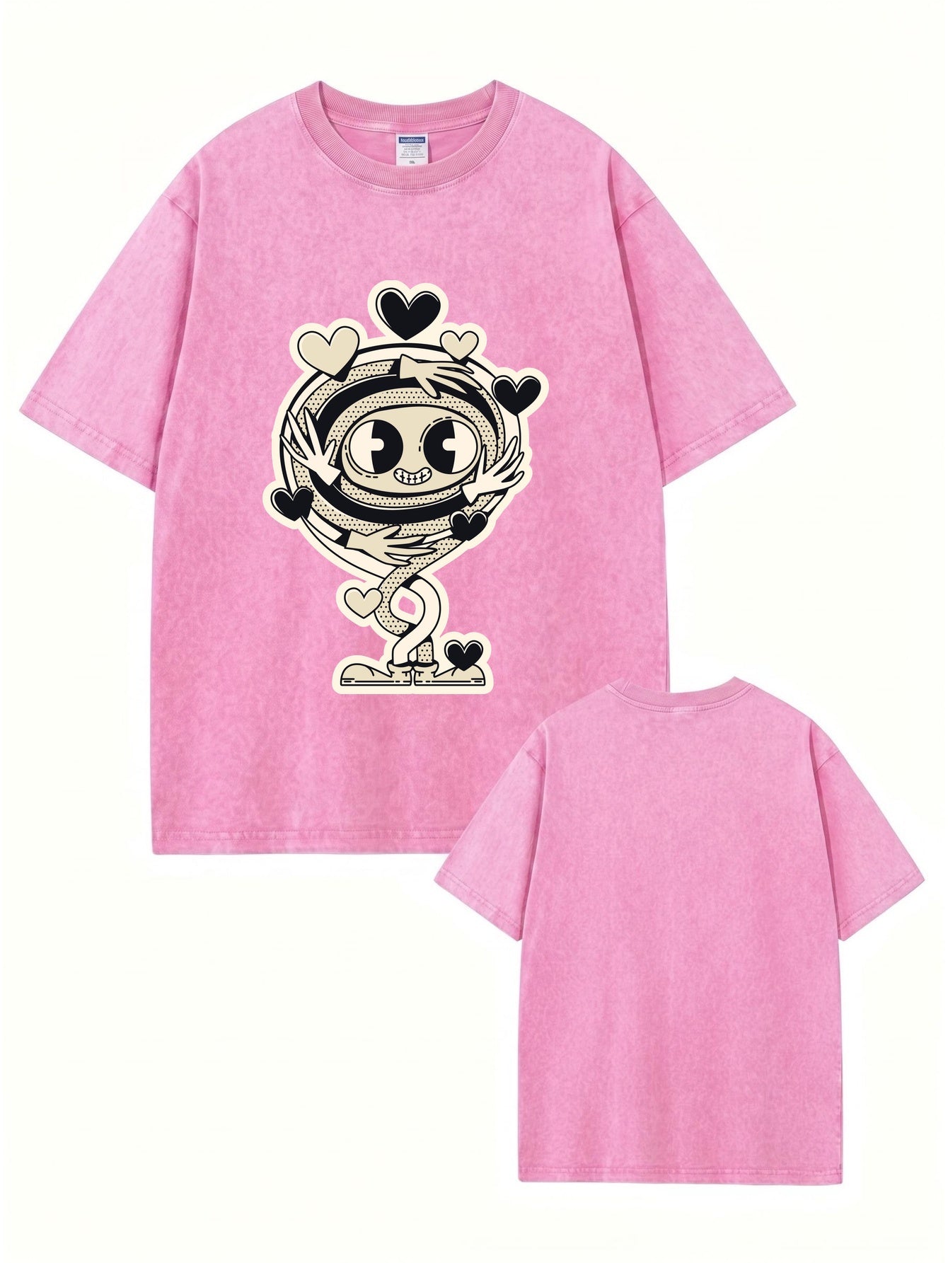 Vintage Washed Graphic T-Shirt - Cartoon Hugging Heart Print Oversized Tee