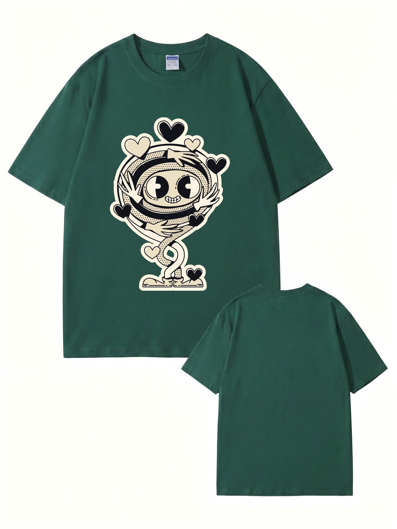 Cartoon Spiral Heart Hug Graphic Cotton T-Shirt
