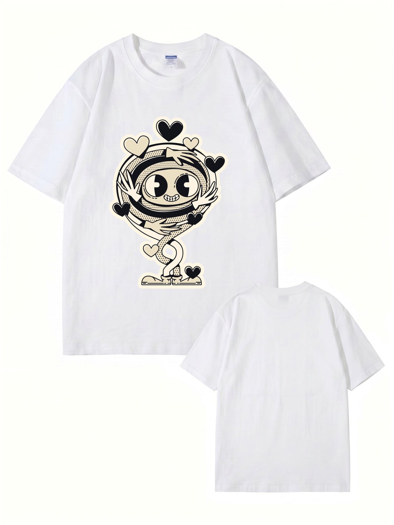 Cartoon Spiral Heart Hug Graphic Cotton T-Shirt