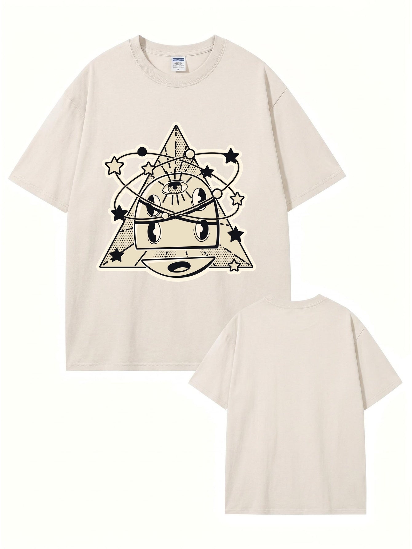 Vintage Washed Graphic Tee - Cosmic Eye & Geometric Pyramid Print