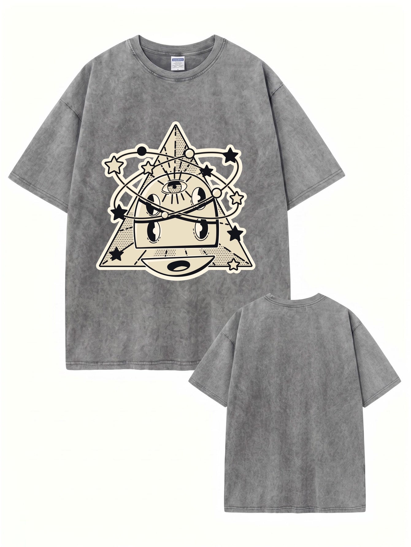 Vintage Washed Graphic Tee - Cosmic Eye & Geometric Pyramid Print