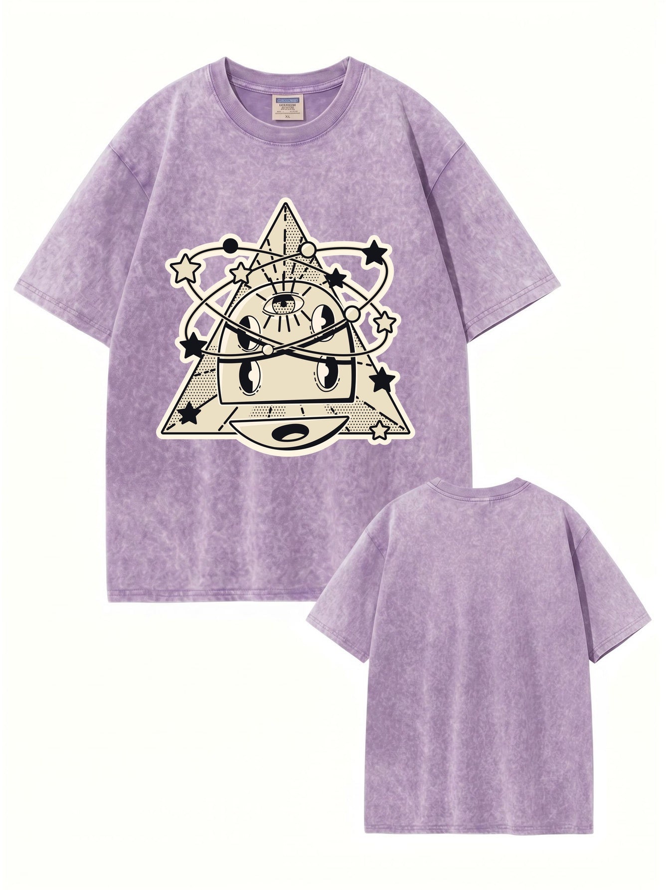 Vintage Washed Graphic Tee - Cosmic Eye & Geometric Pyramid Print