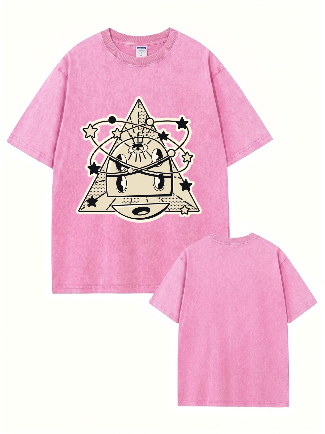 Vintage Washed Graphic Tee - Cosmic Eye & Geometric Pyramid Print