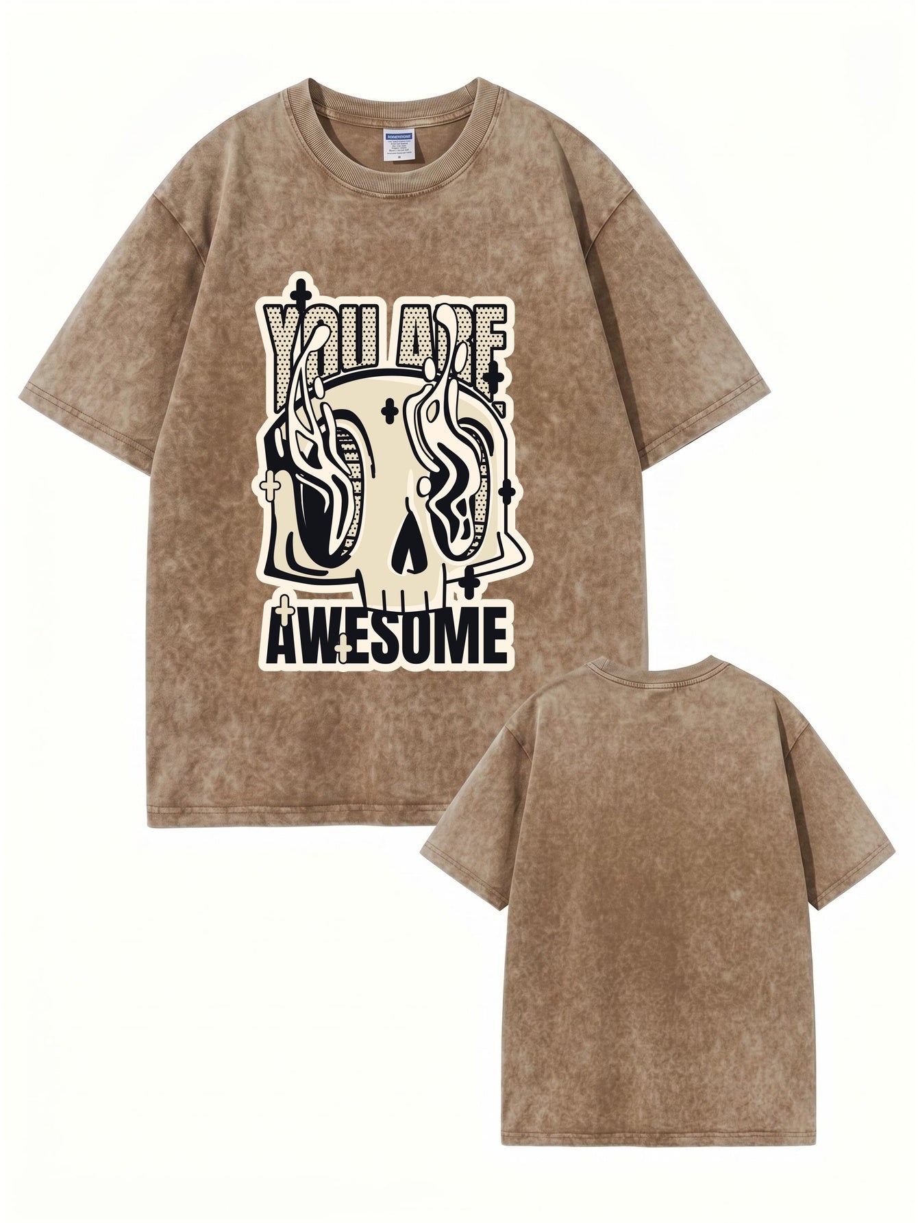 Vintage Washed Oversized T-Shirt - 'You Are Awesome' Skull Graphic Print