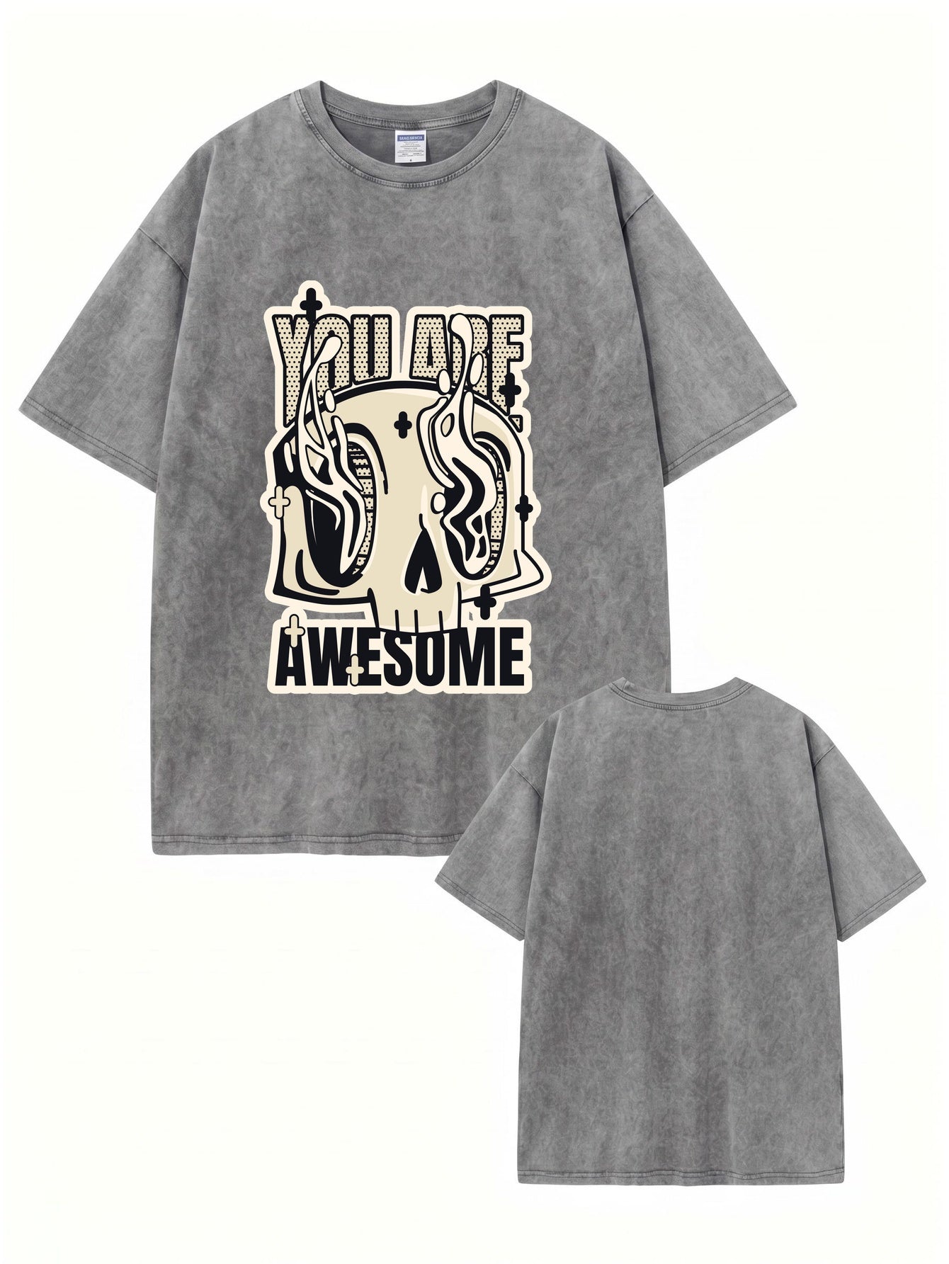 Vintage Washed Oversized T-Shirt - 'You Are Awesome' Skull Graphic Print