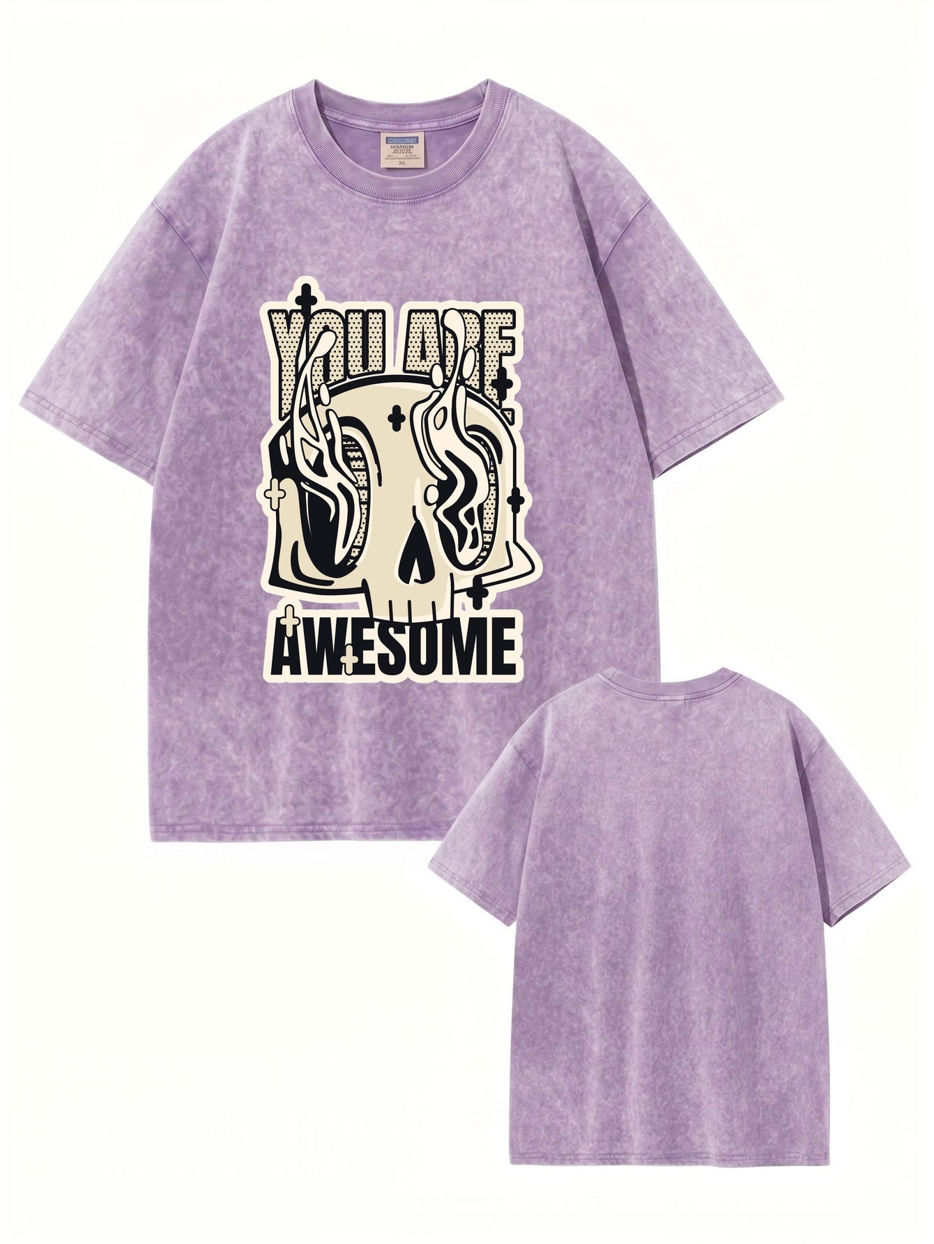 Vintage Washed Oversized T-Shirt - 'You Are Awesome' Skull Graphic Print