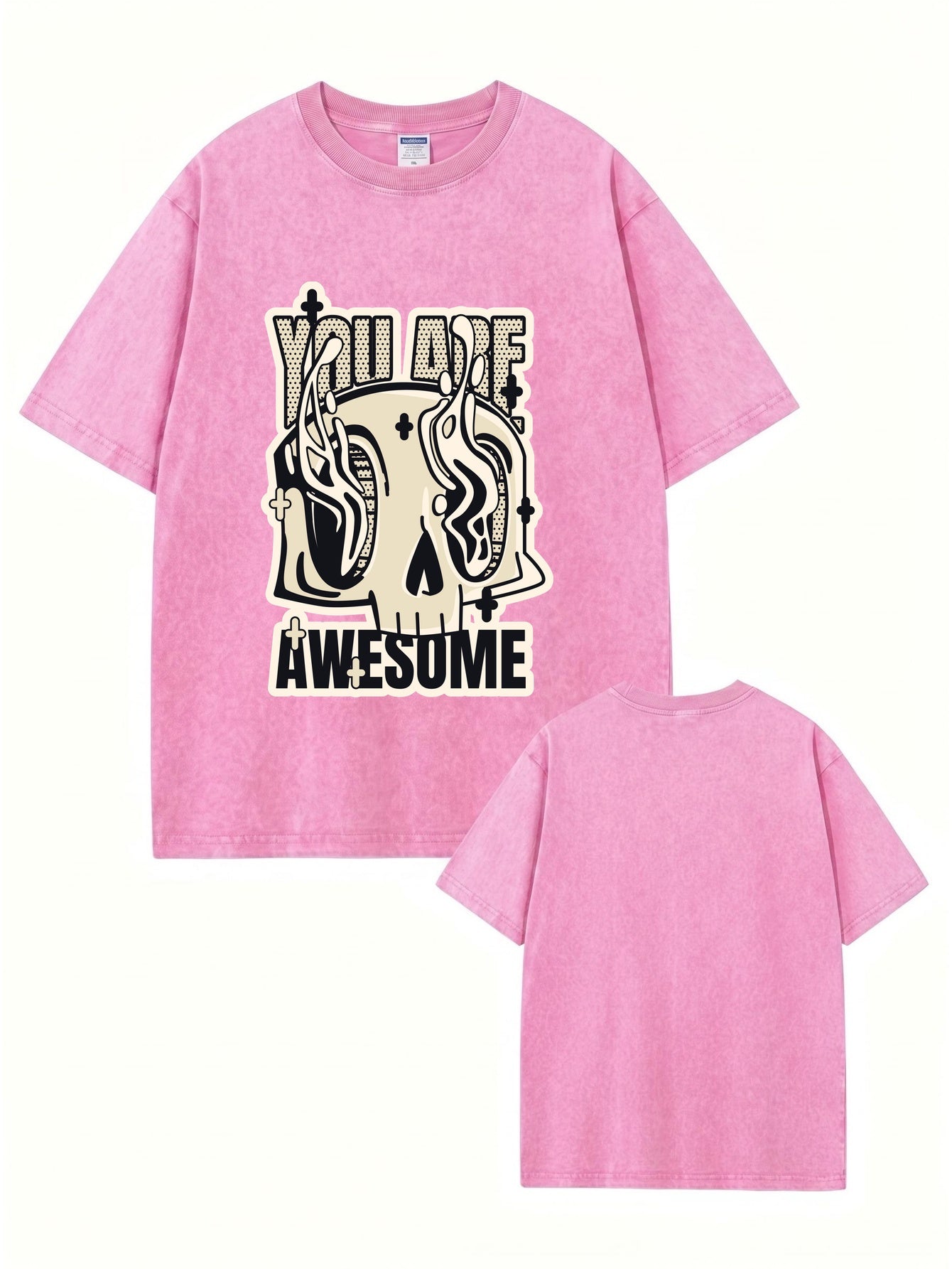 Vintage Washed Oversized T-Shirt - 'You Are Awesome' Skull Graphic Print