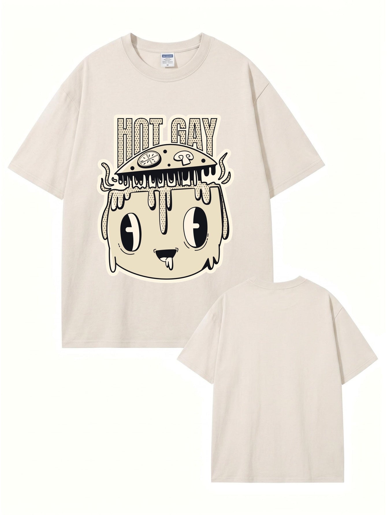 Vintage Washed Graphic T-Shirt - 'HOT GAY' Mushroom Pizza Cartoon Print