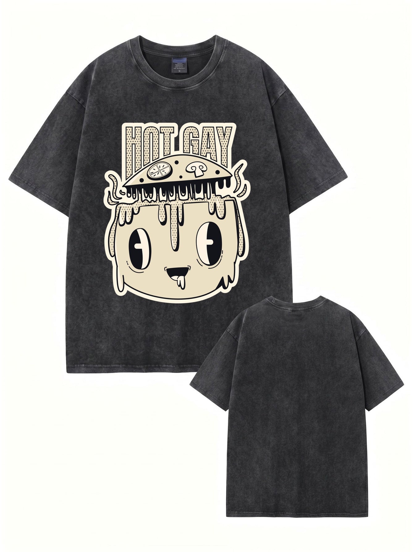 Vintage Washed Graphic T-Shirt - 'HOT GAY' Mushroom Pizza Cartoon Print