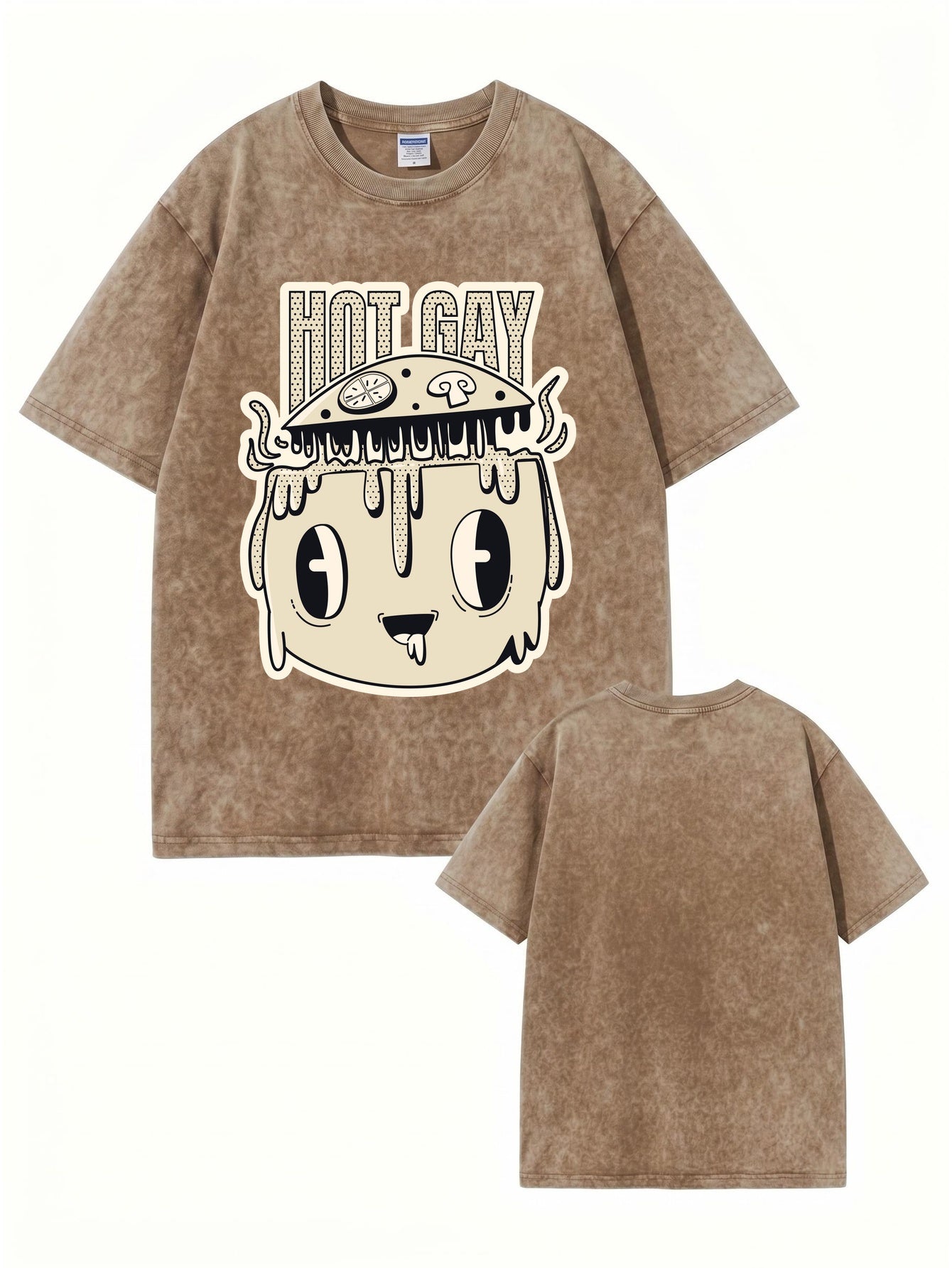 Vintage Washed Graphic T-Shirt - 'HOT GAY' Mushroom Pizza Cartoon Print