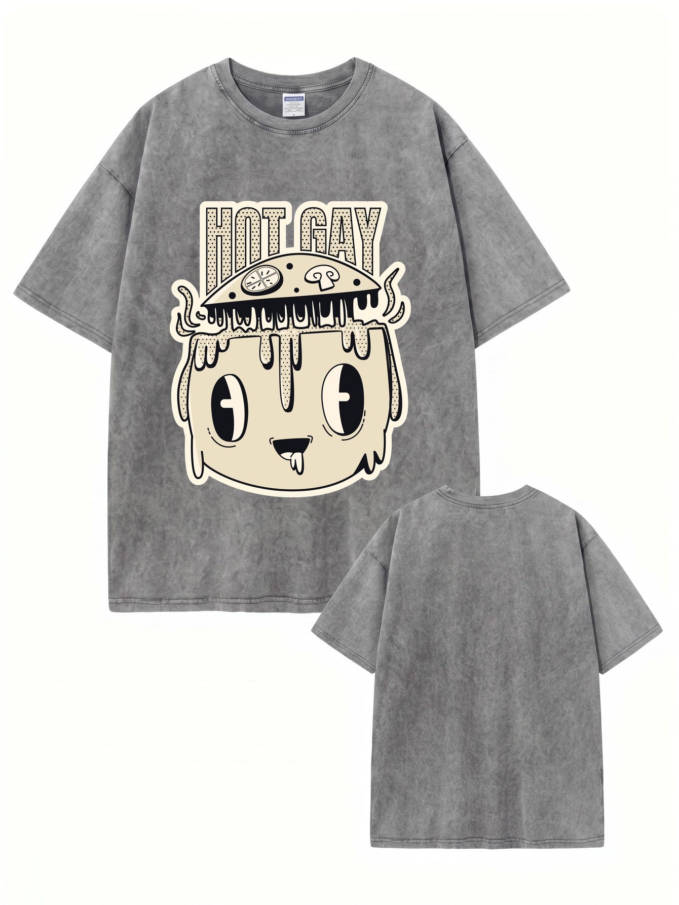 Vintage Washed Graphic T-Shirt - 'HOT GAY' Mushroom Pizza Cartoon Print