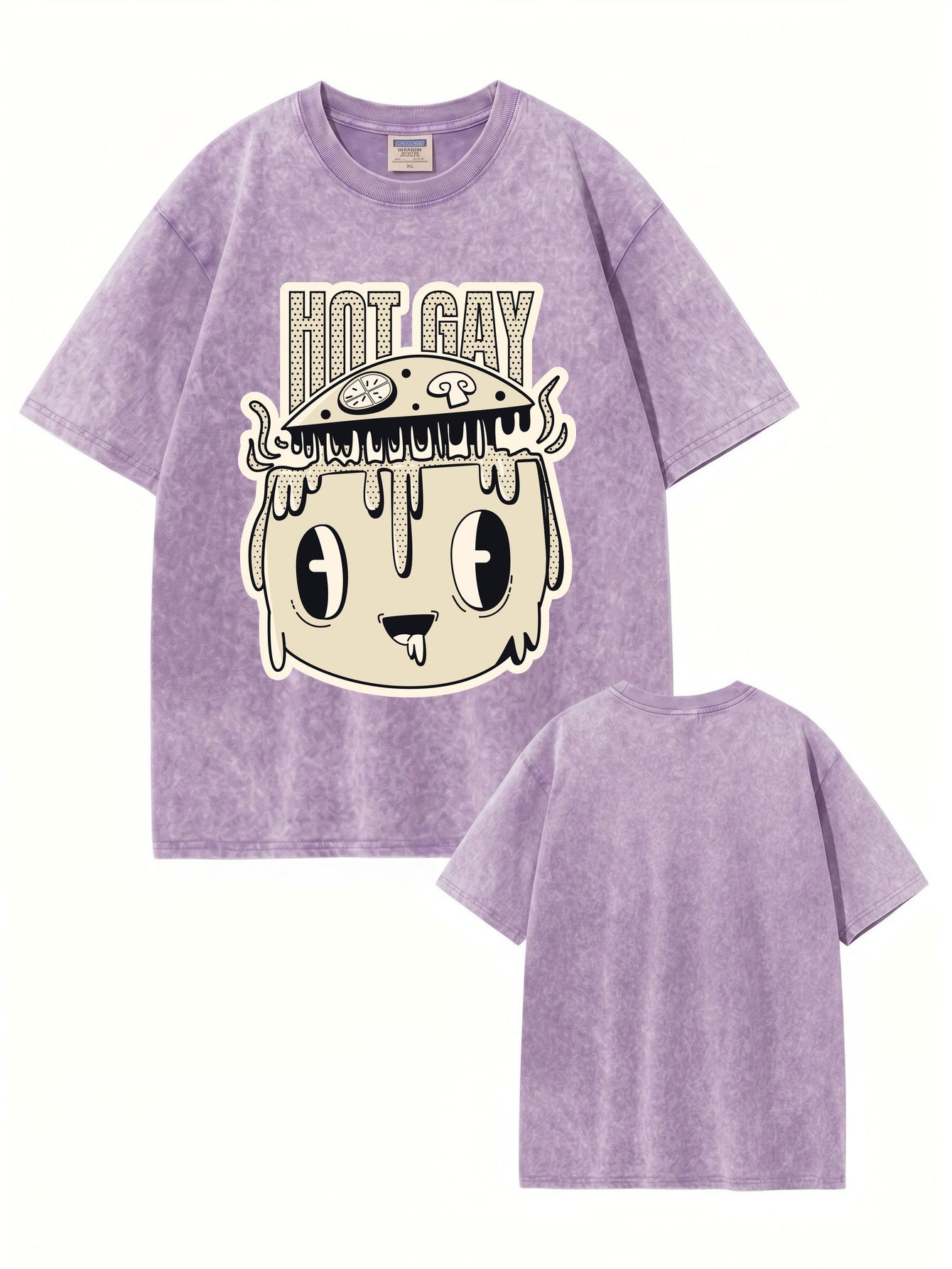 Vintage Washed Graphic T-Shirt - 'HOT GAY' Mushroom Pizza Cartoon Print