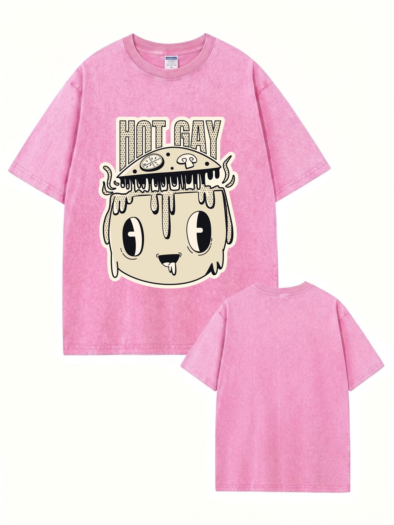 Vintage Washed Graphic T-Shirt - 'HOT GAY' Mushroom Pizza Cartoon Print