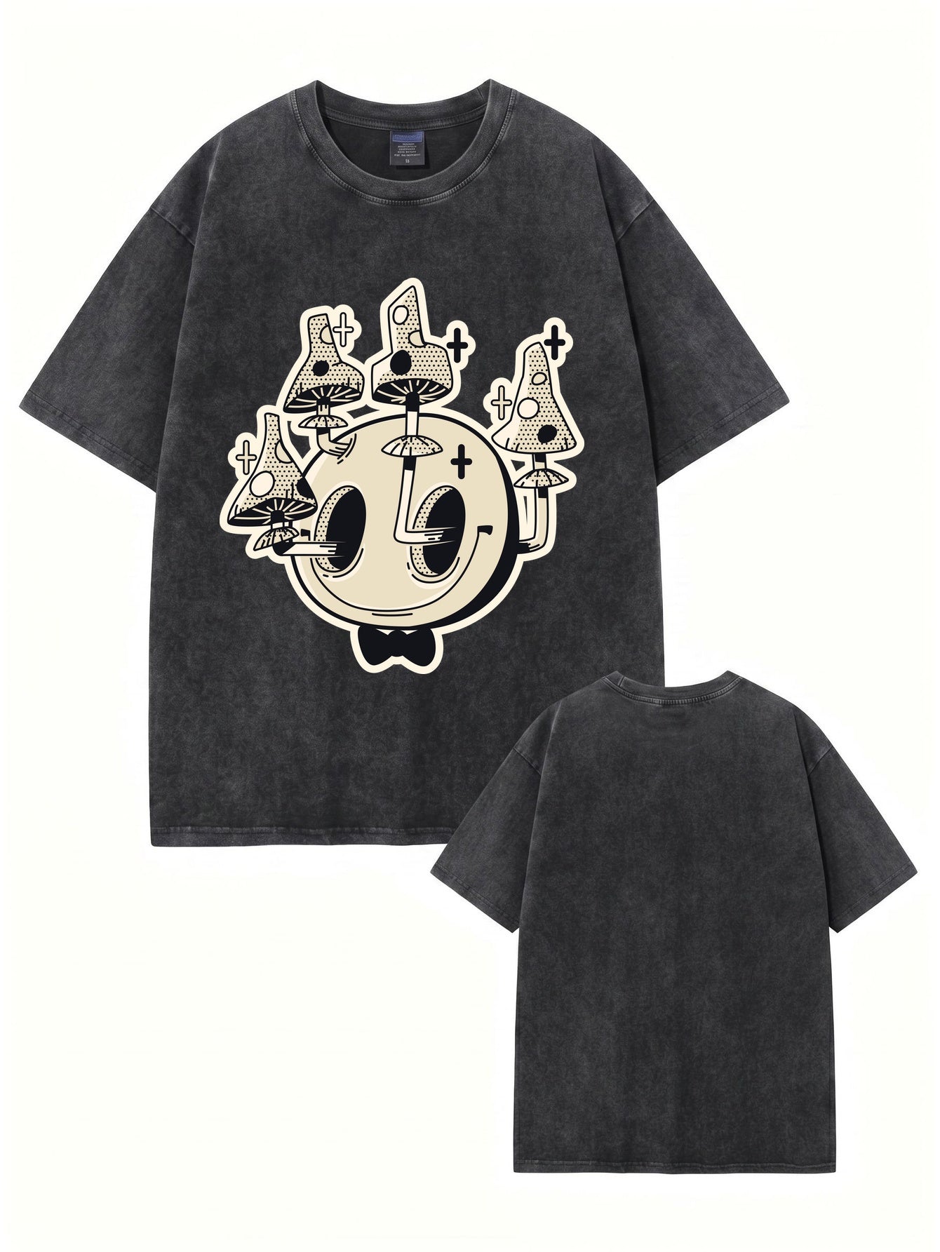 Vintage Washed Mushroom Skull Graphic Tee - Heavyweight Cotton Streetwear