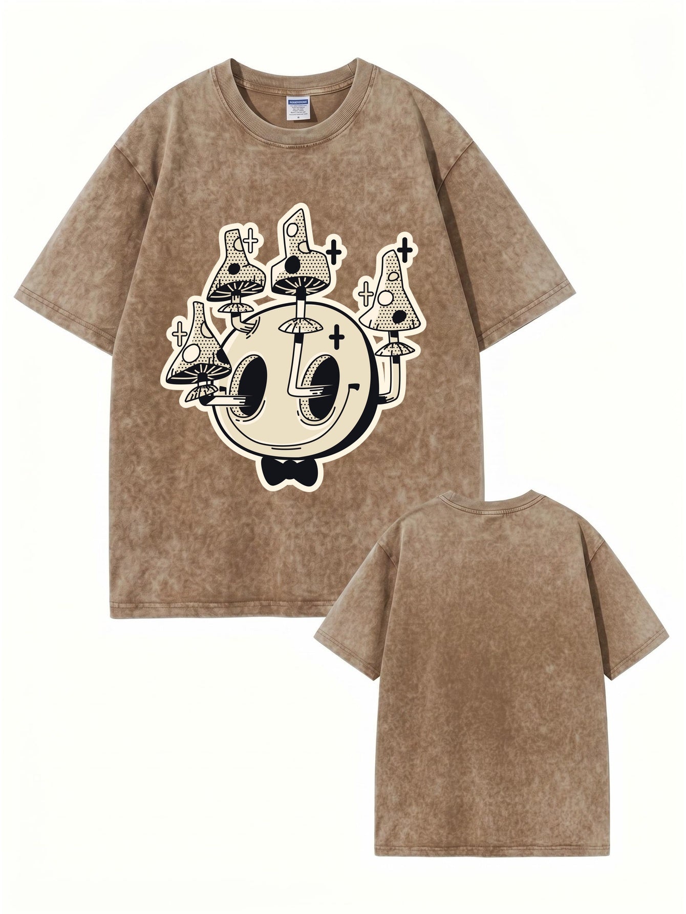 Vintage Washed Mushroom Skull Graphic Tee - Heavyweight Cotton Streetwear
