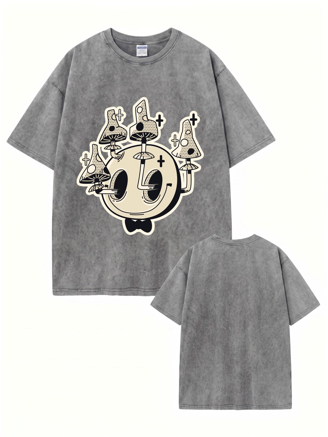 Vintage Washed Mushroom Skull Graphic Tee - Heavyweight Cotton Streetwear