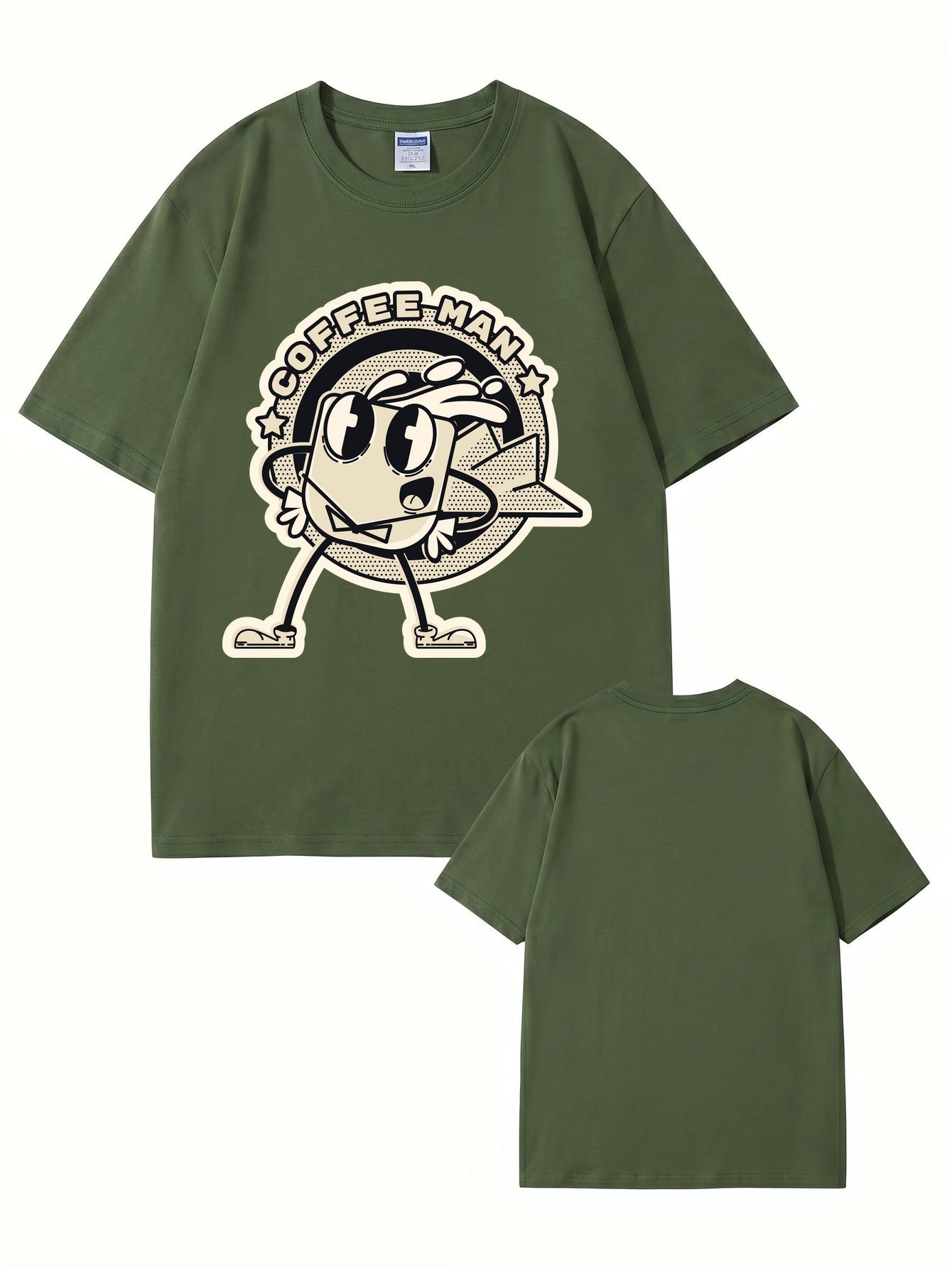 Coffee Man Retro Cartoon Graphic Print T-Shirt, 100% Cotton Streetwear Tee