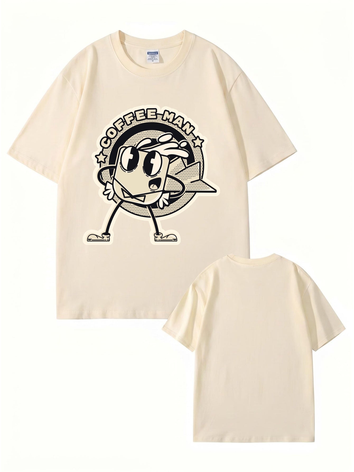 Coffee Man Retro Cartoon Graphic Print T-Shirt, 100% Cotton Streetwear Tee