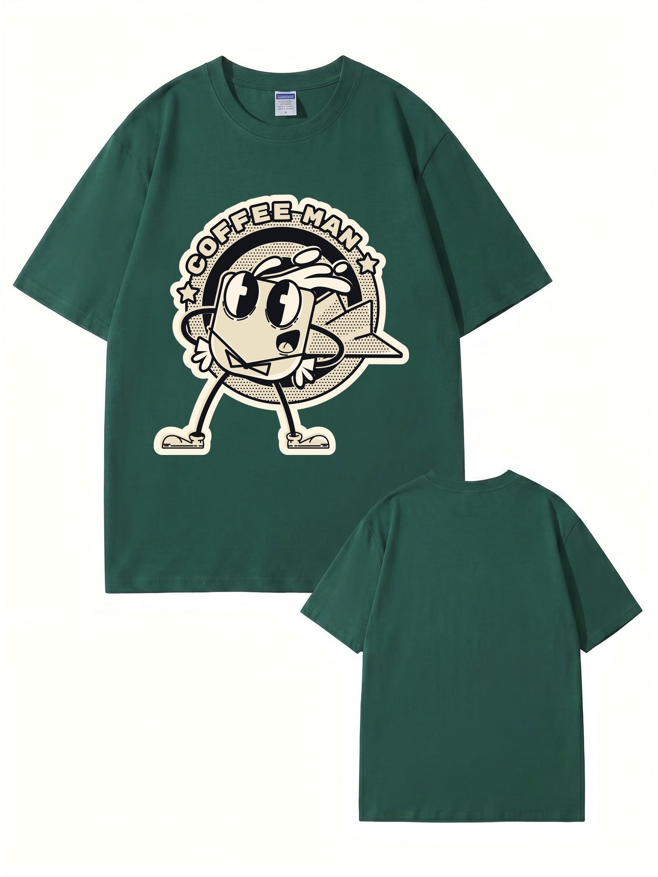 Coffee Man Retro Cartoon Graphic Print T-Shirt, 100% Cotton Streetwear Tee