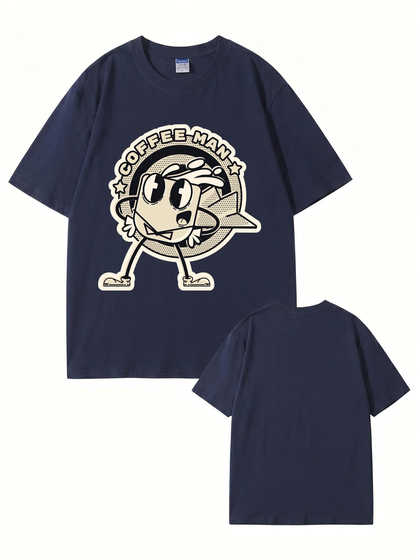 Coffee Man Retro Cartoon Graphic Print T-Shirt, 100% Cotton Streetwear Tee