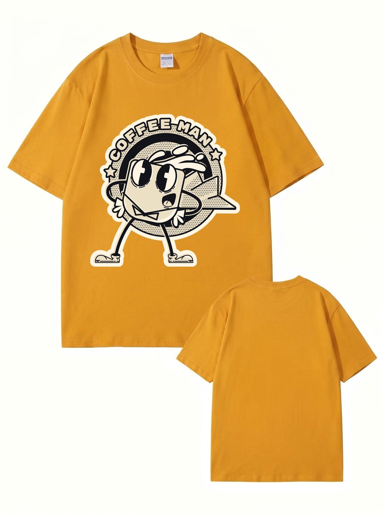 Coffee Man Retro Cartoon Graphic Print T-Shirt, 100% Cotton Streetwear Tee
