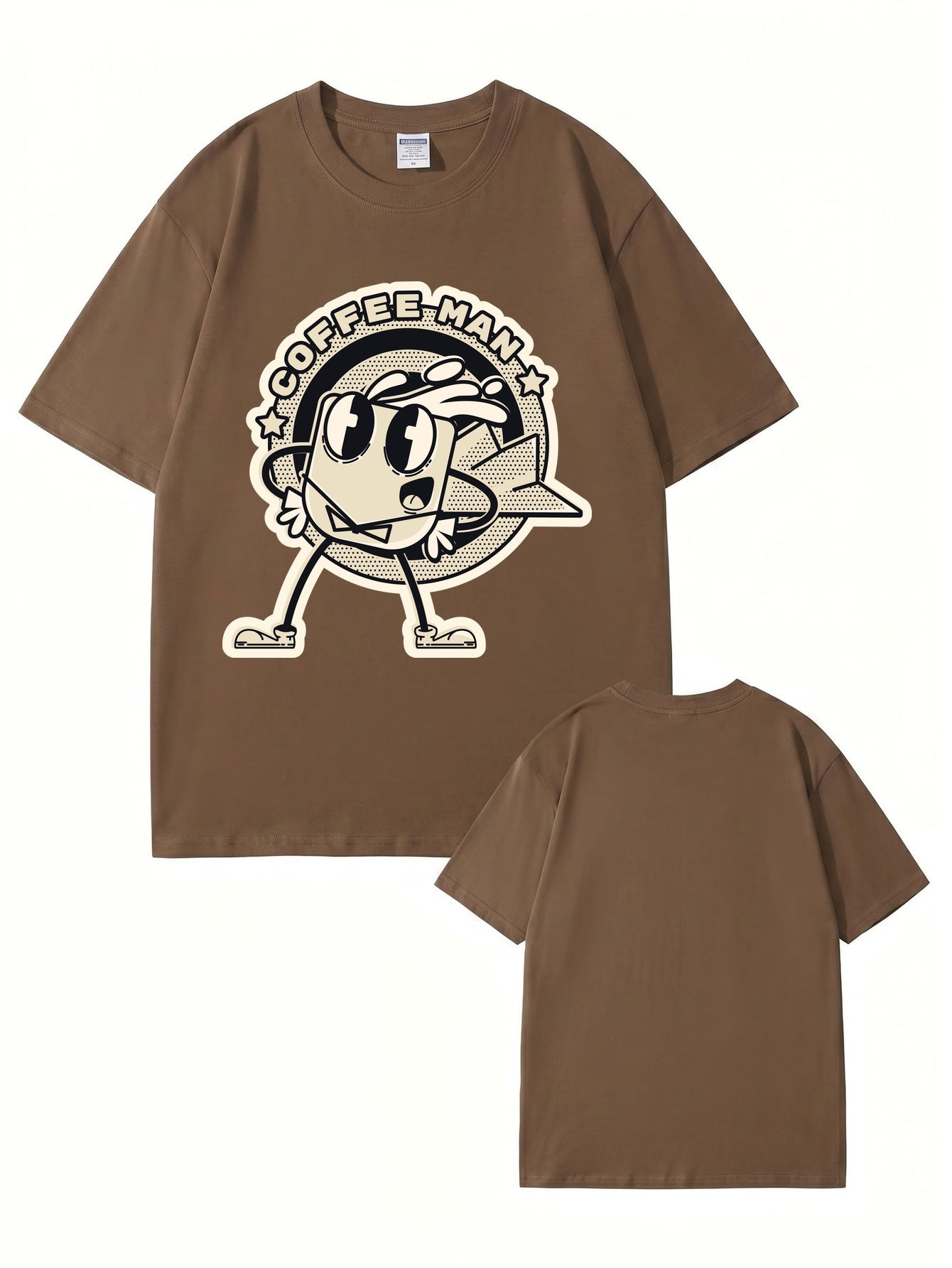 Coffee Man Retro Cartoon Graphic Print T-Shirt, 100% Cotton Streetwear Tee