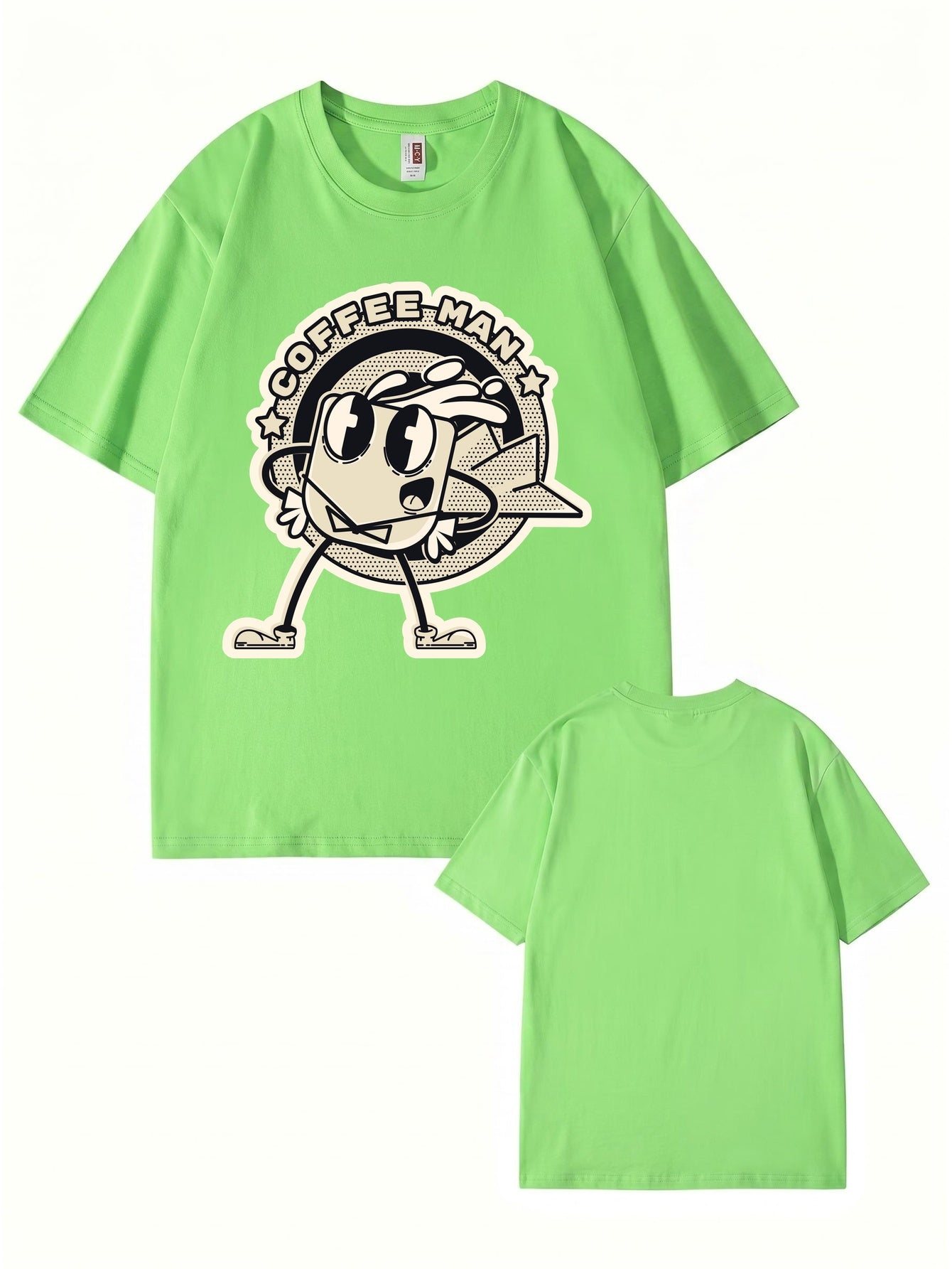 Coffee Man Retro Cartoon Graphic Print T-Shirt, 100% Cotton Streetwear Tee