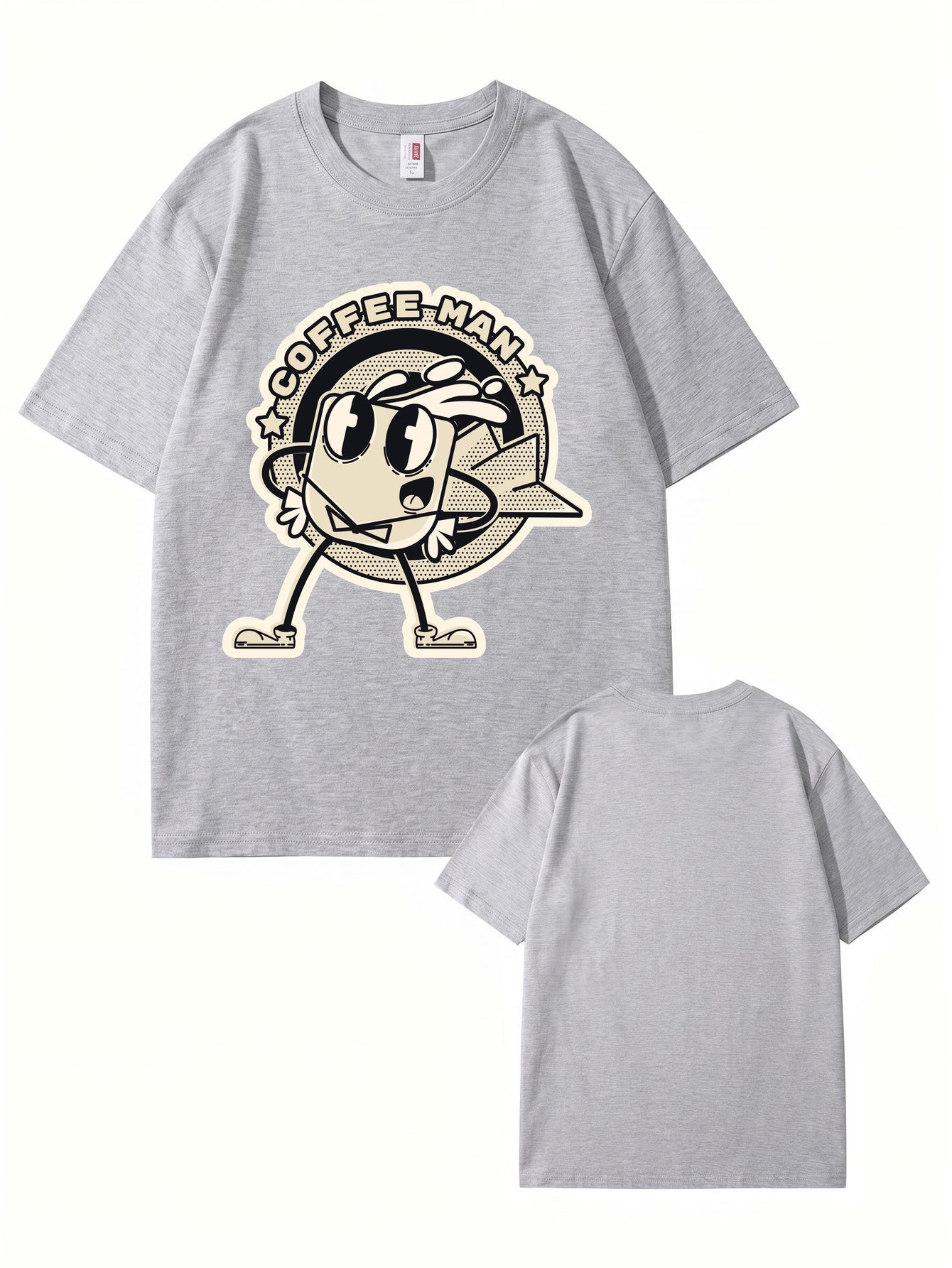 Coffee Man Retro Cartoon Graphic Print T-Shirt, 100% Cotton Streetwear Tee