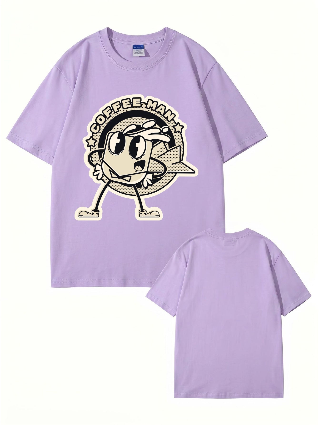Coffee Man Retro Cartoon Graphic Print T-Shirt, 100% Cotton Streetwear Tee