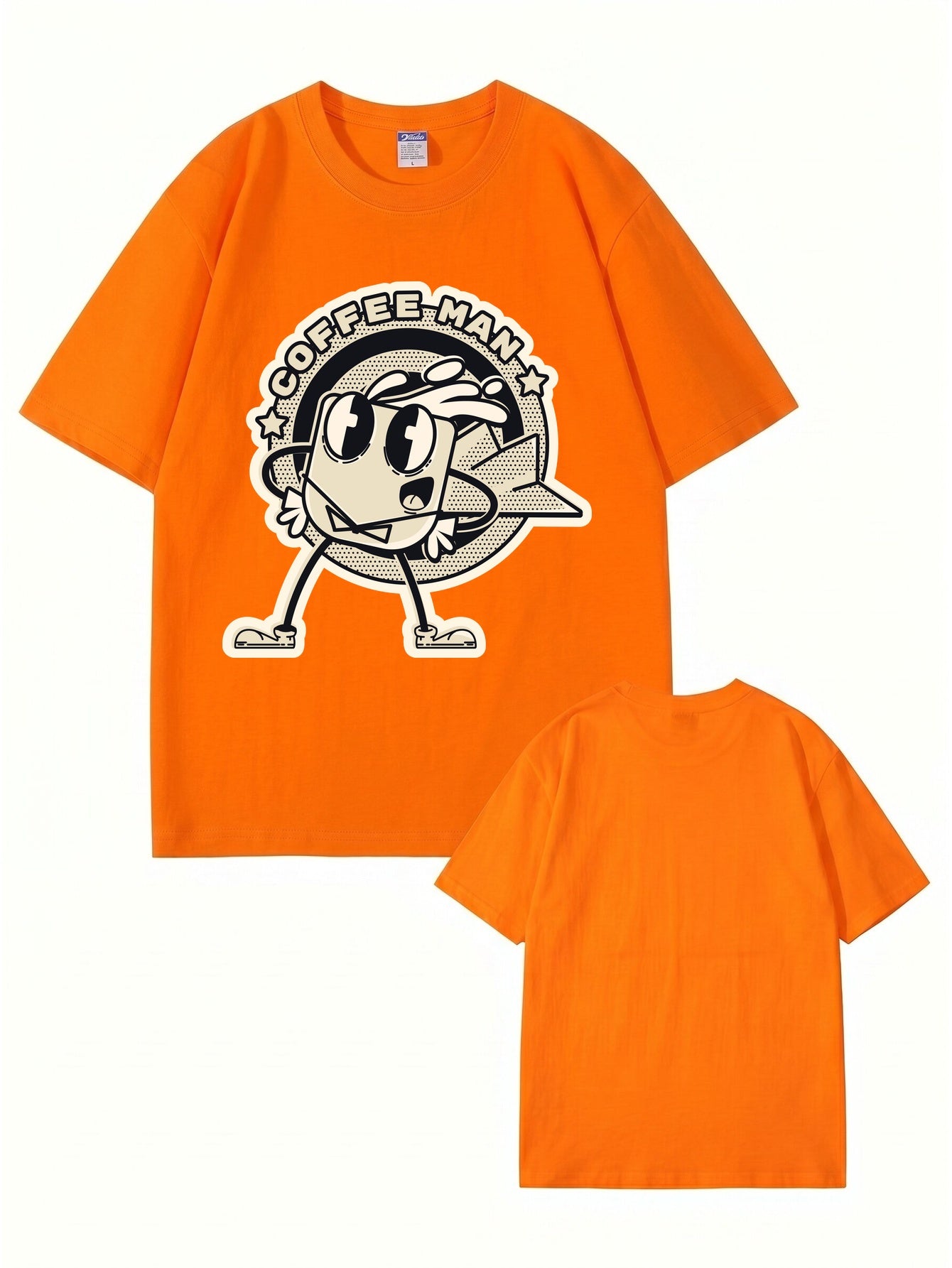 Coffee Man Retro Cartoon Graphic Print T-Shirt, 100% Cotton Streetwear Tee