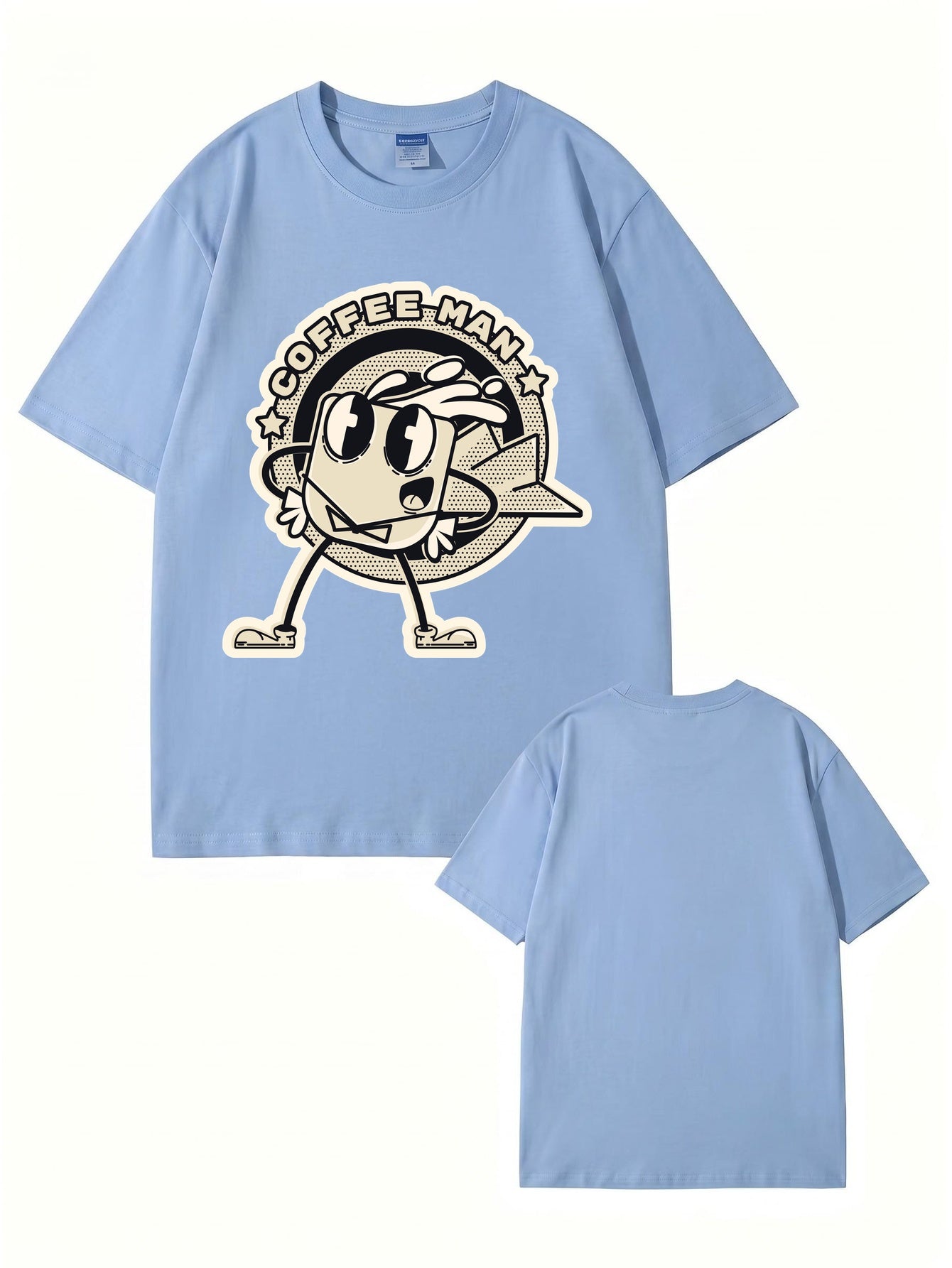 Coffee Man Retro Cartoon Graphic Print T-Shirt, 100% Cotton Streetwear Tee
