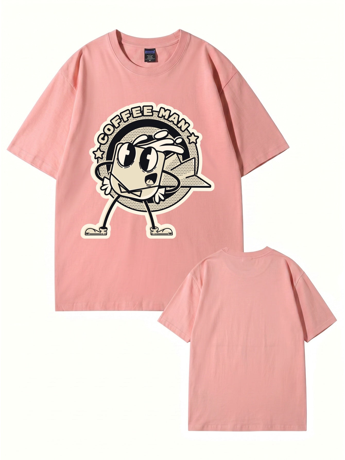 Coffee Man Retro Cartoon Graphic Print T-Shirt, 100% Cotton Streetwear Tee
