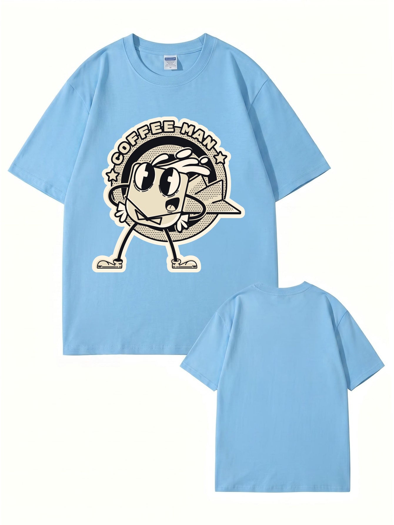 Coffee Man Retro Cartoon Graphic Print T-Shirt, 100% Cotton Streetwear Tee