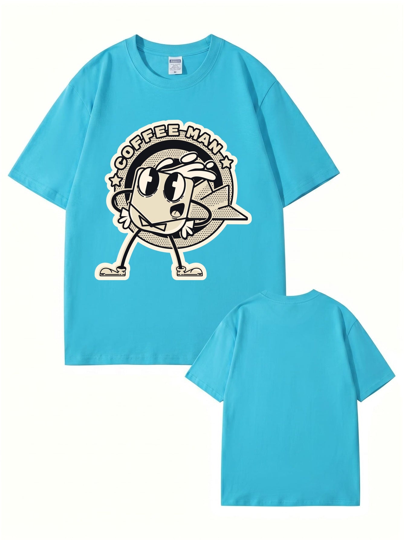 Coffee Man Retro Cartoon Graphic Print T-Shirt, 100% Cotton Streetwear Tee
