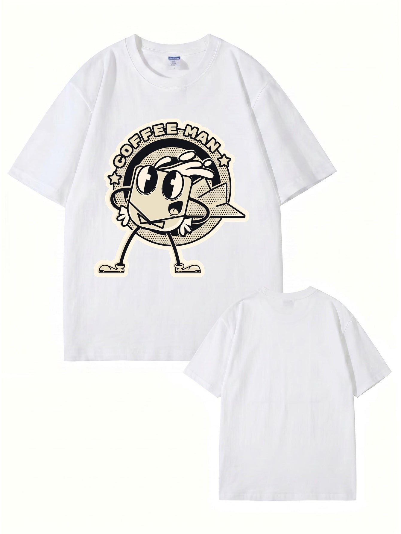 Coffee Man Retro Cartoon Graphic Print T-Shirt, 100% Cotton Streetwear Tee