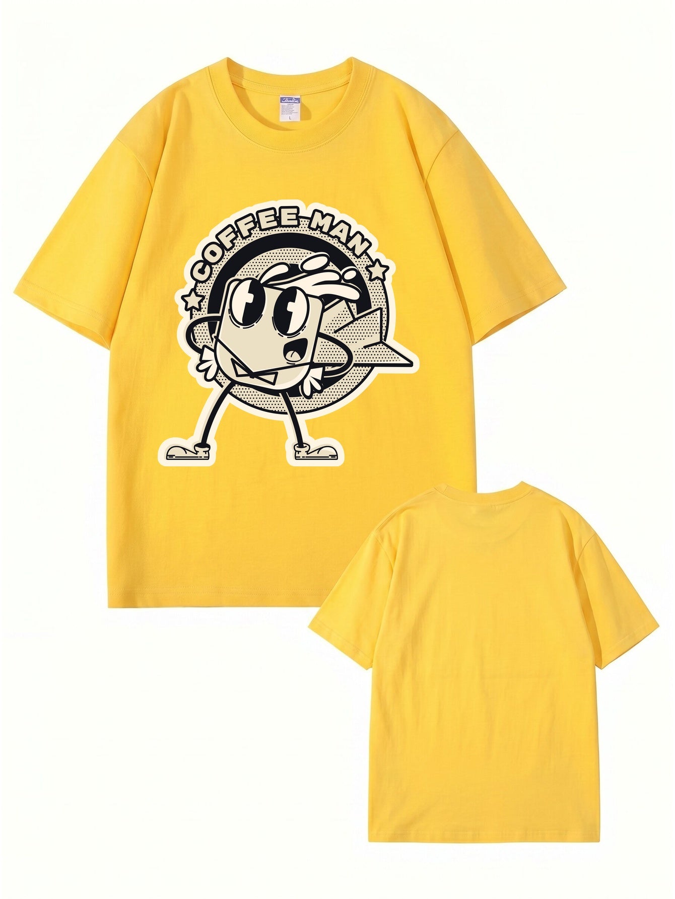 Coffee Man Retro Cartoon Graphic Print T-Shirt, 100% Cotton Streetwear Tee