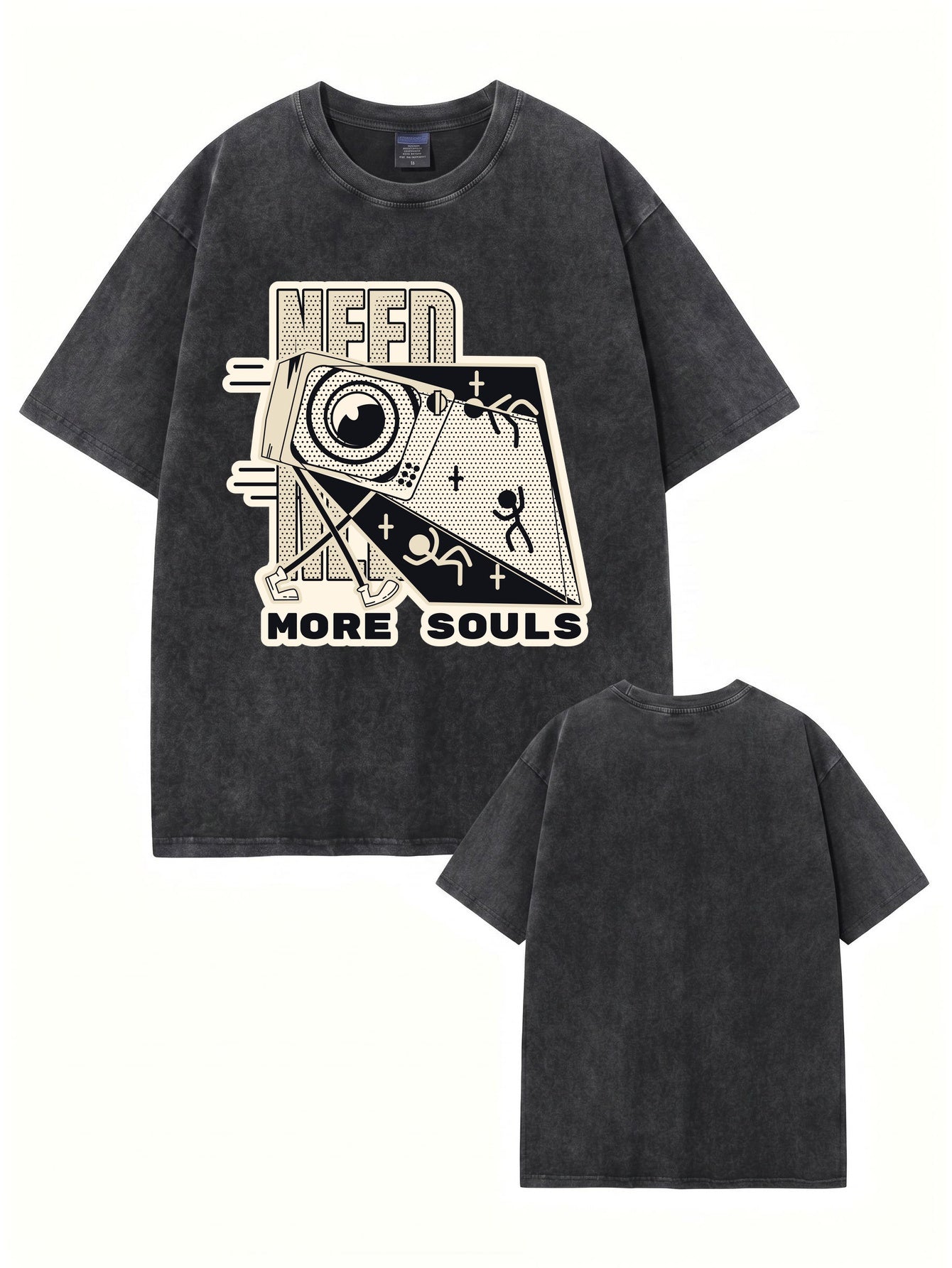 Vintage Washed Graphic T-Shirt - Need More Souls Retro Print Tee