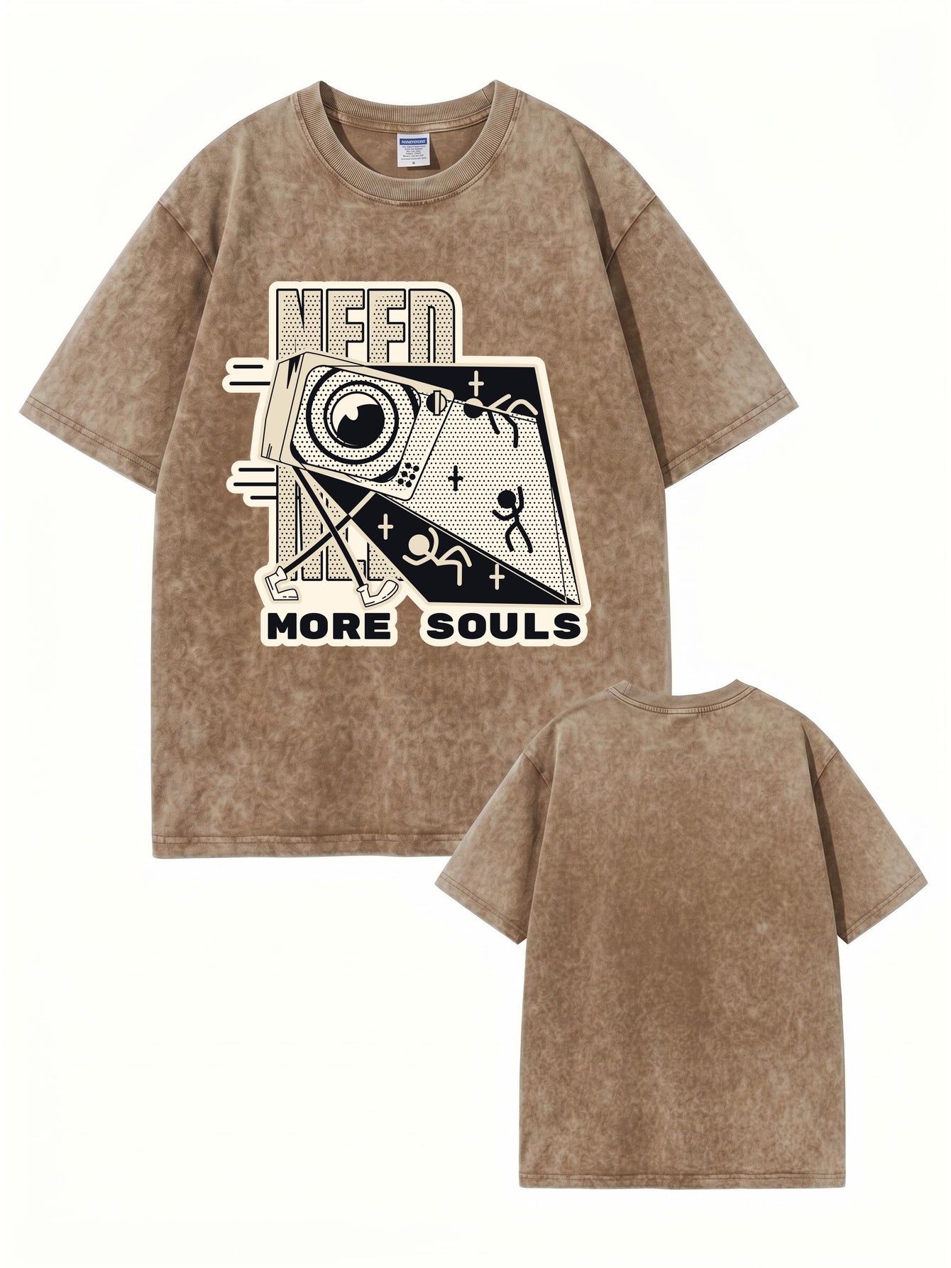 Vintage Washed Graphic T-Shirt - Need More Souls Retro Print Tee
