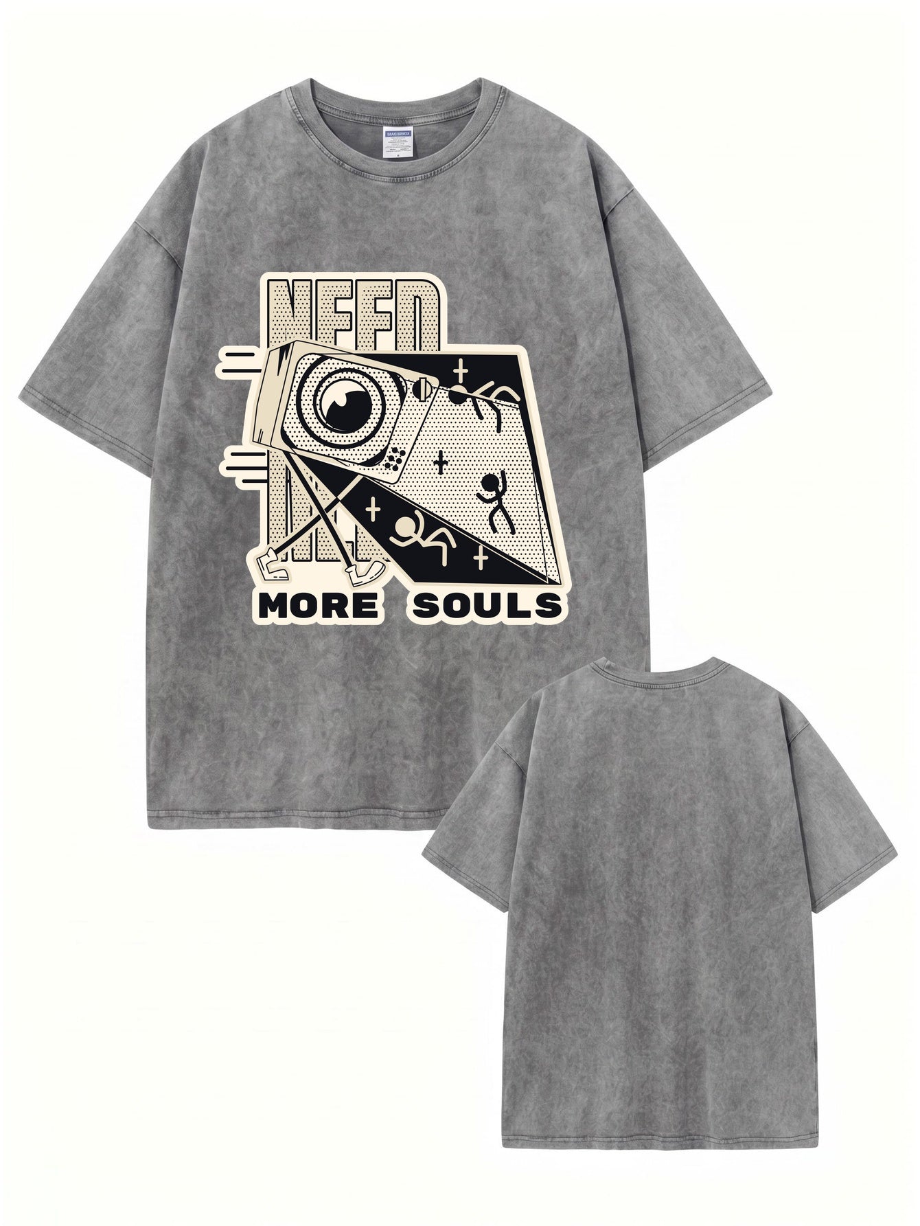 Vintage Washed Graphic T-Shirt - Need More Souls Retro Print Tee