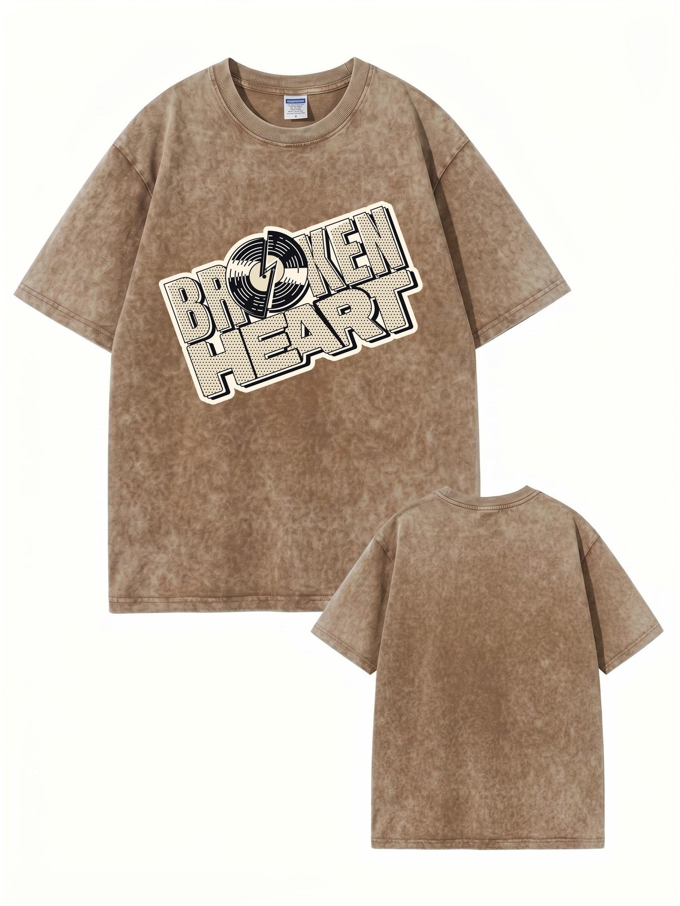 Broken Heart Vinyl Record Graphic Vintage Washed Heavyweight Cotton T-Shirt