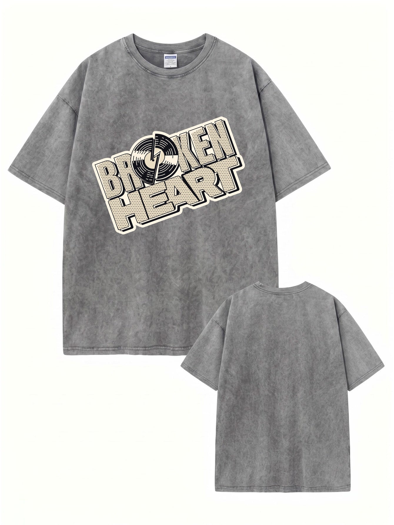 Broken Heart Vinyl Record Graphic Vintage Washed Heavyweight Cotton T-Shirt