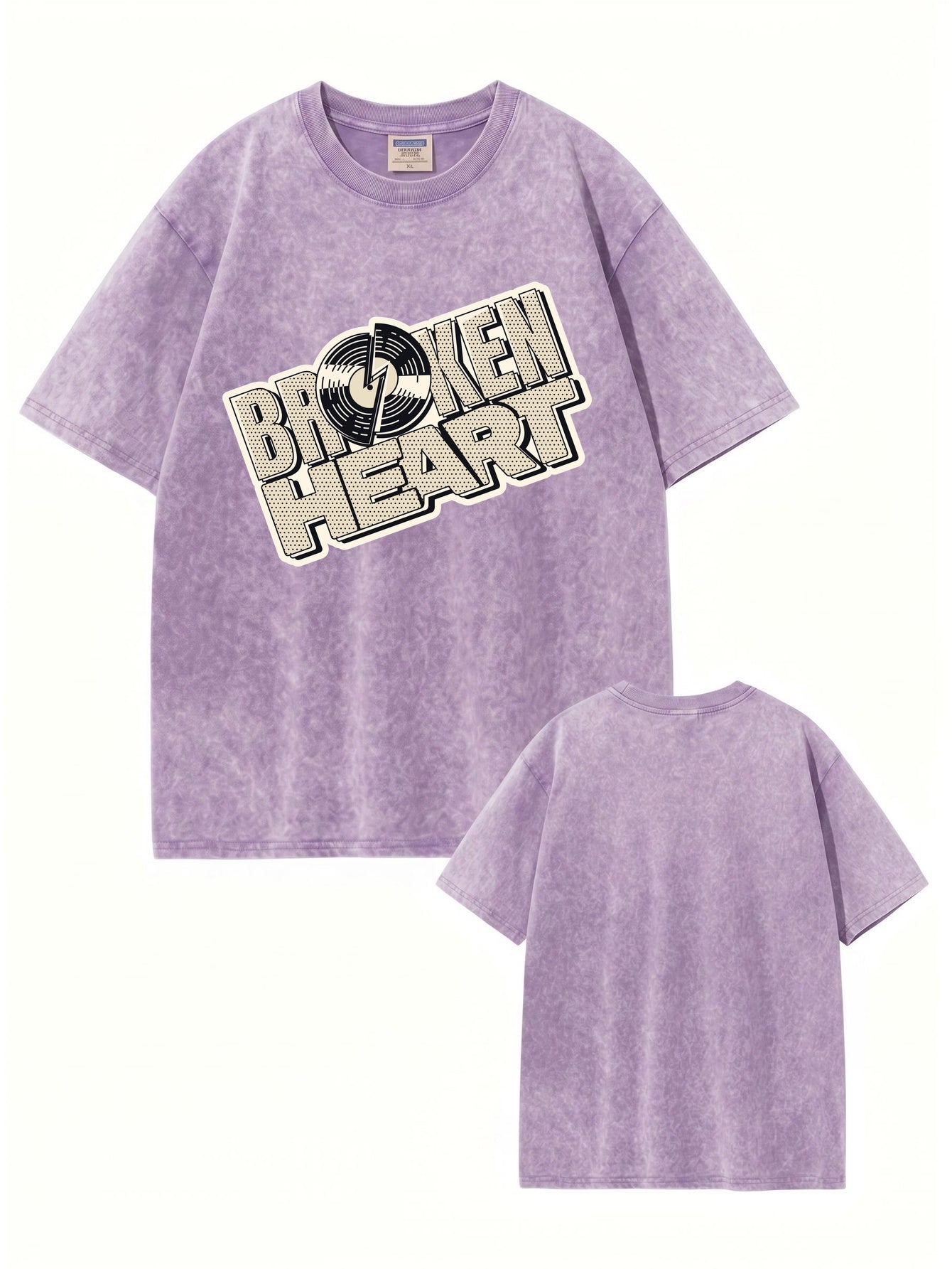 Broken Heart Vinyl Record Graphic Vintage Washed Heavyweight Cotton T-Shirt