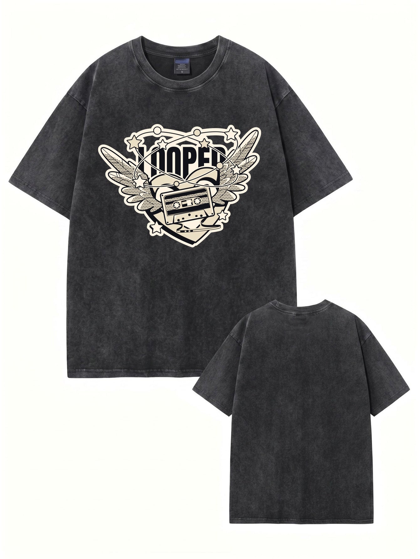 Vintage Washed Graphic T-Shirt - Retro Cassette Tape & Wing Design