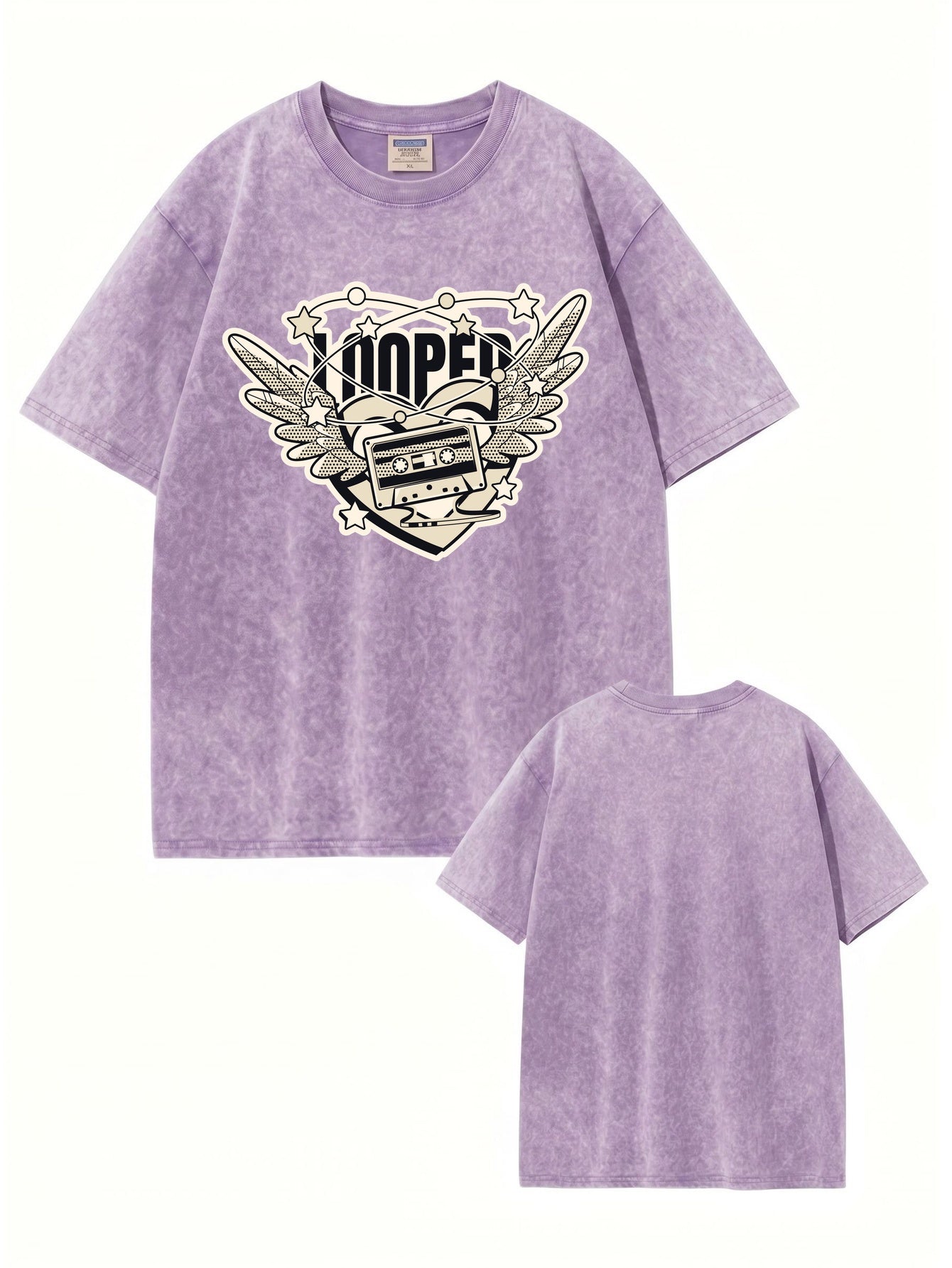 Vintage Washed Graphic T-Shirt - Retro Cassette Tape & Wing Design