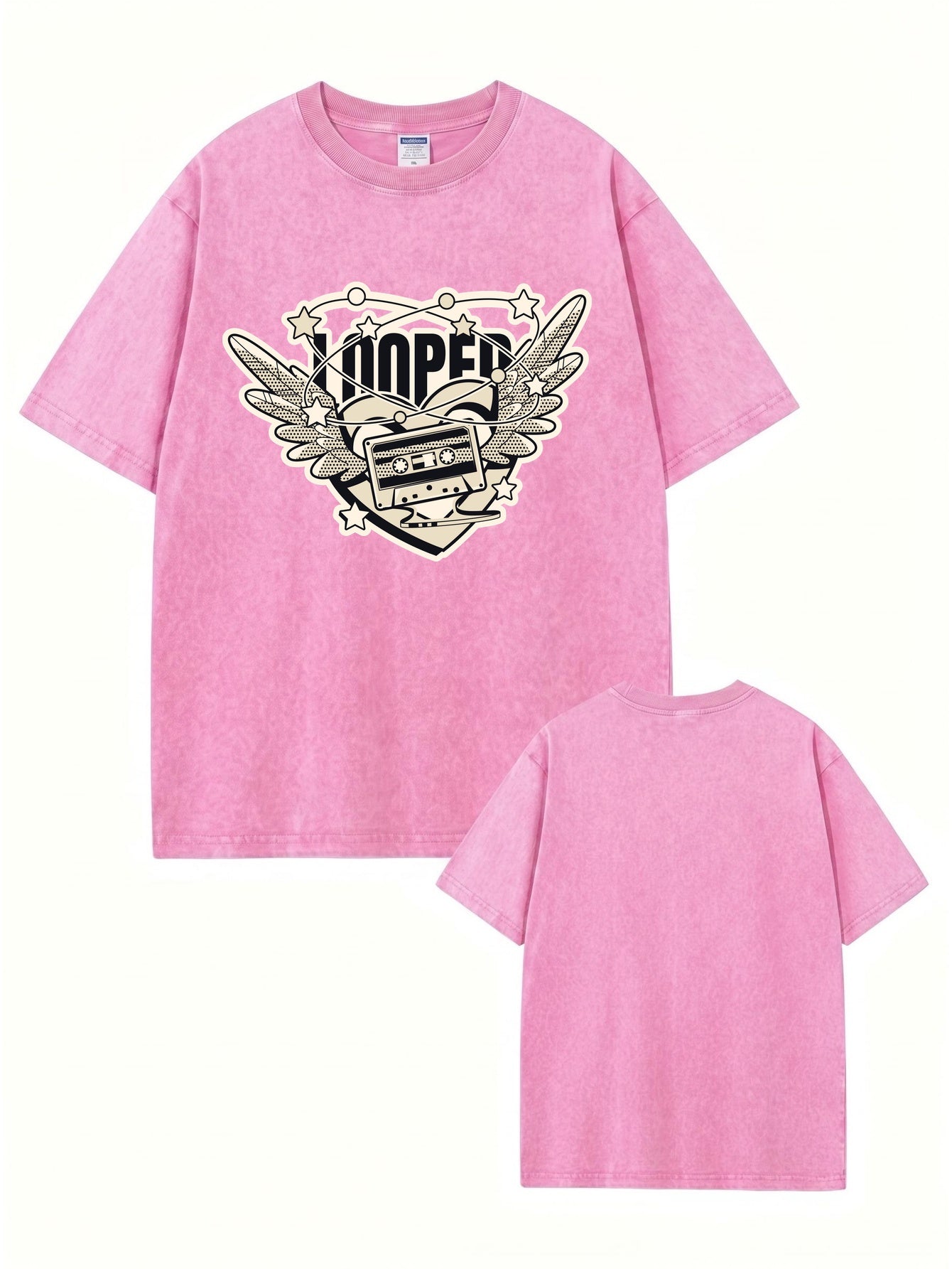 Vintage Washed Graphic T-Shirt - Retro Cassette Tape & Wing Design