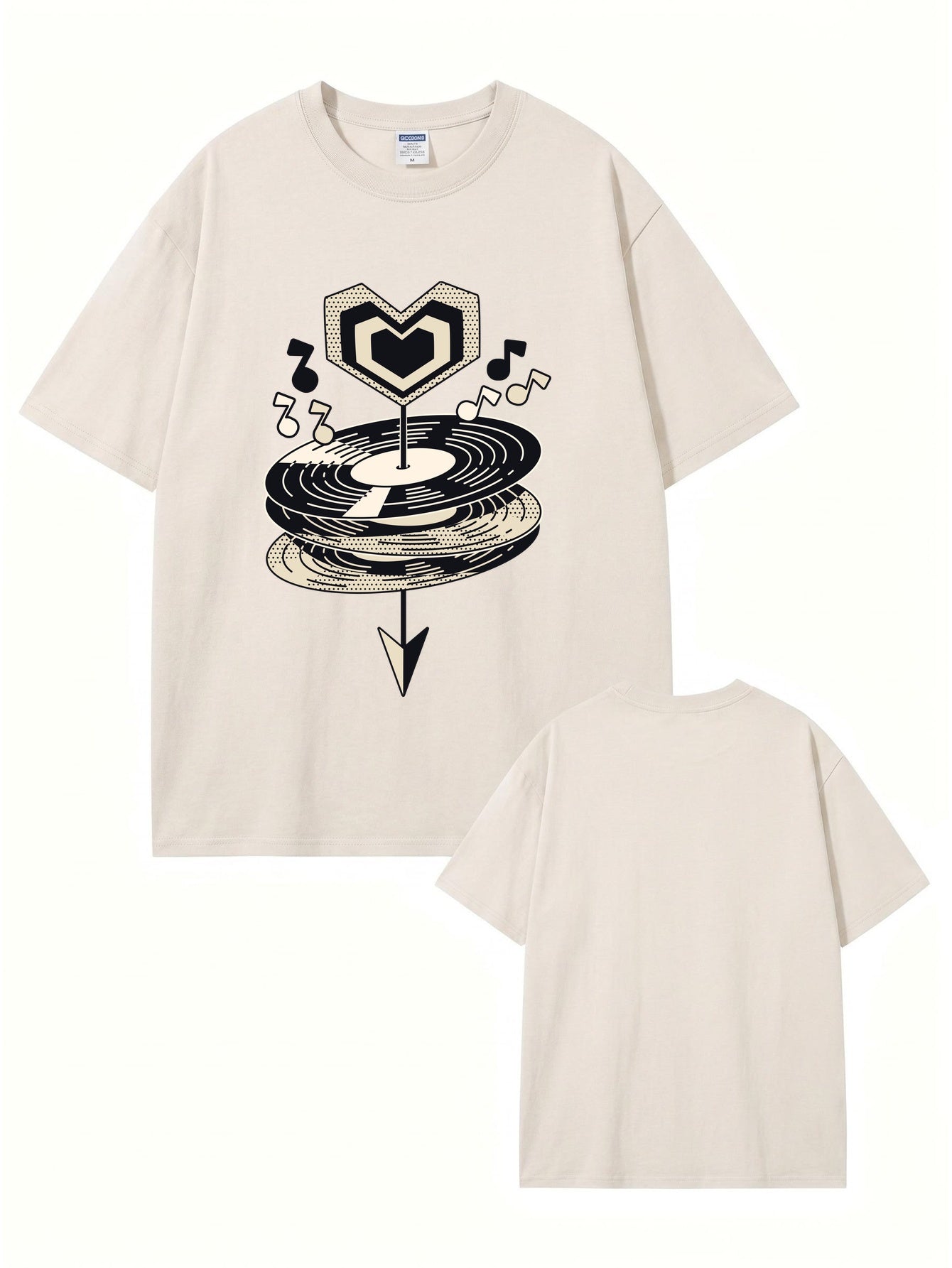 Vintage Washed Oversized T-Shirt with Music Vinyl Heart Graphic Print