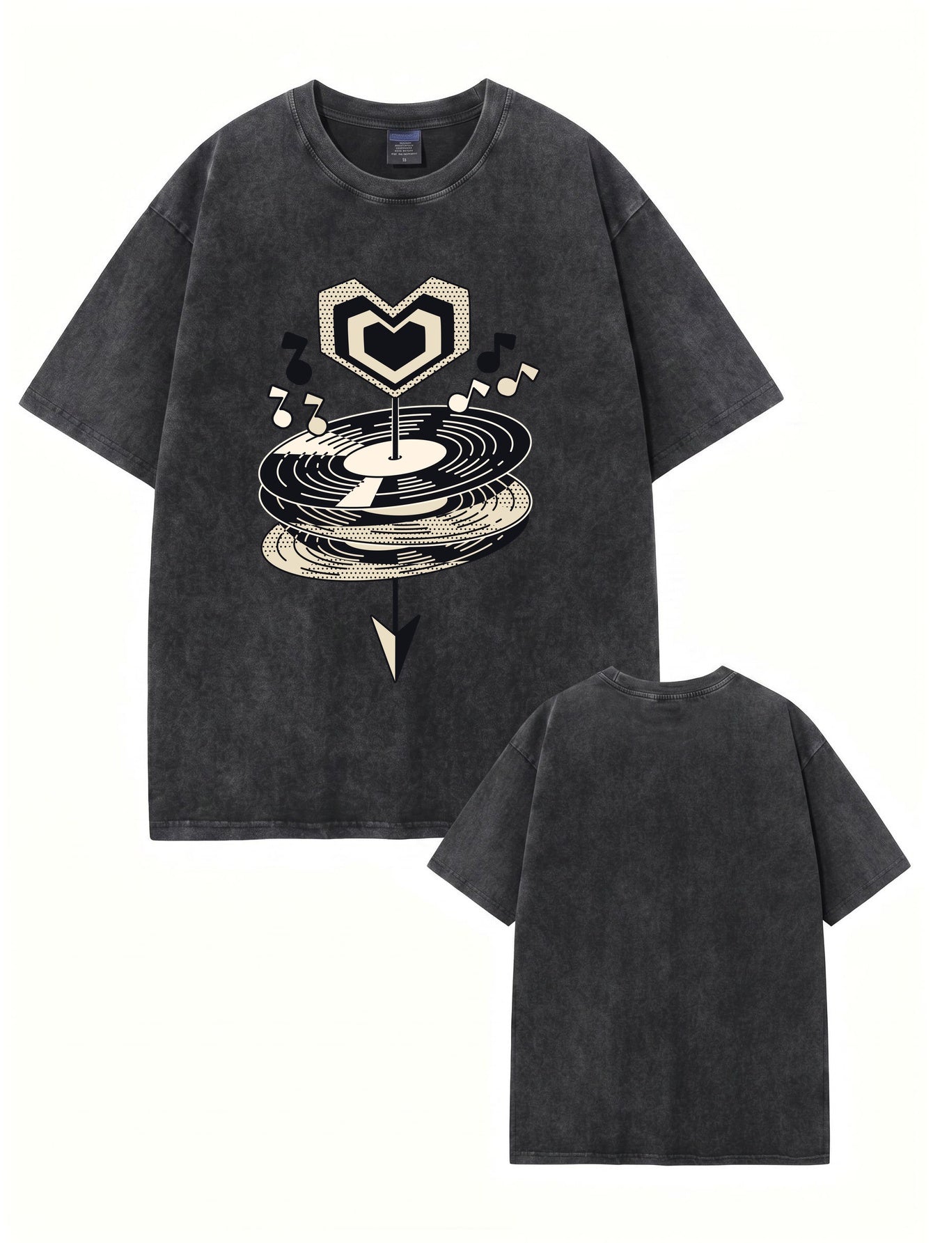 Vintage Washed Oversized T-Shirt with Music Vinyl Heart Graphic Print