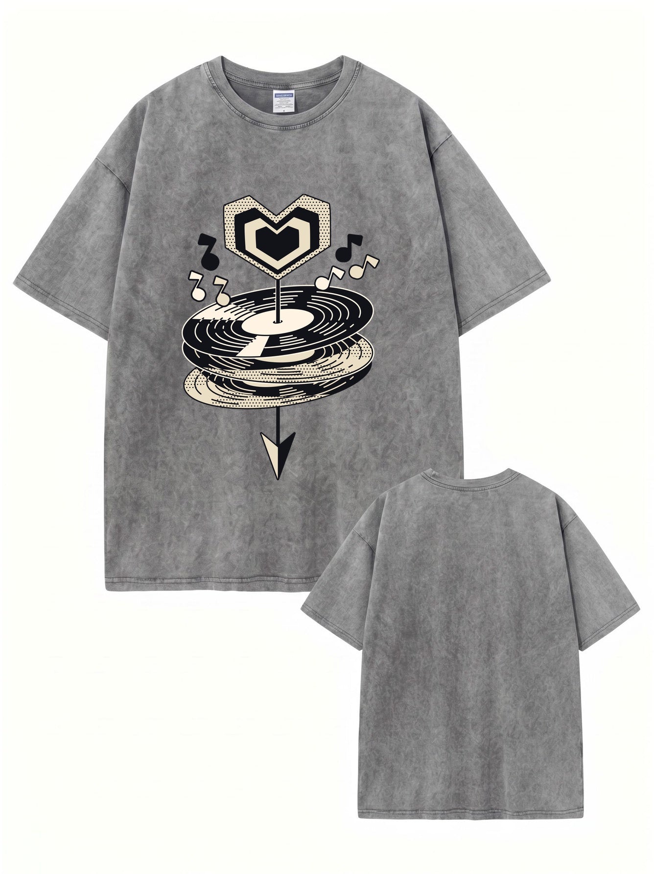 Vintage Washed Oversized T-Shirt with Music Vinyl Heart Graphic Print