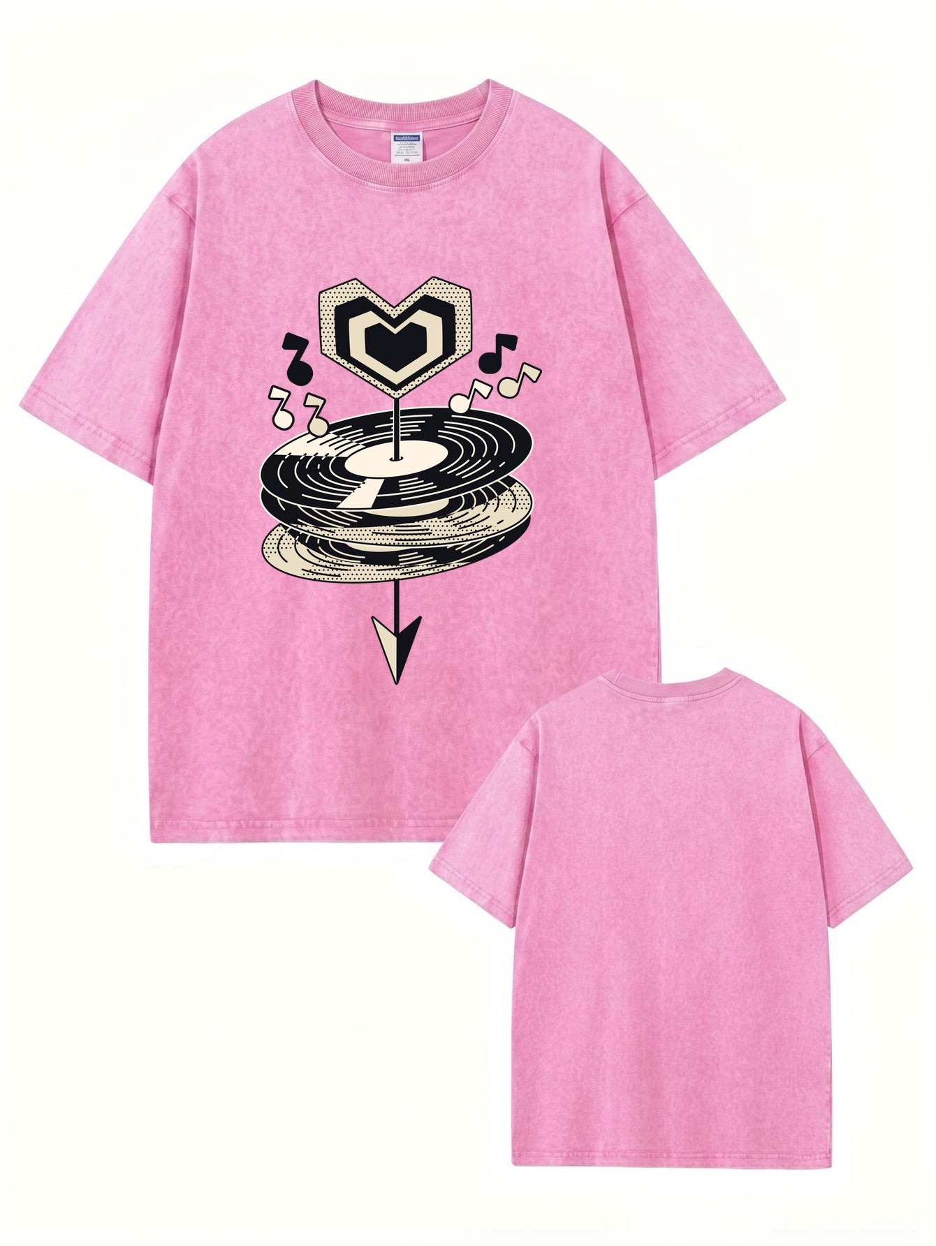 Vintage Washed Oversized T-Shirt with Music Vinyl Heart Graphic Print